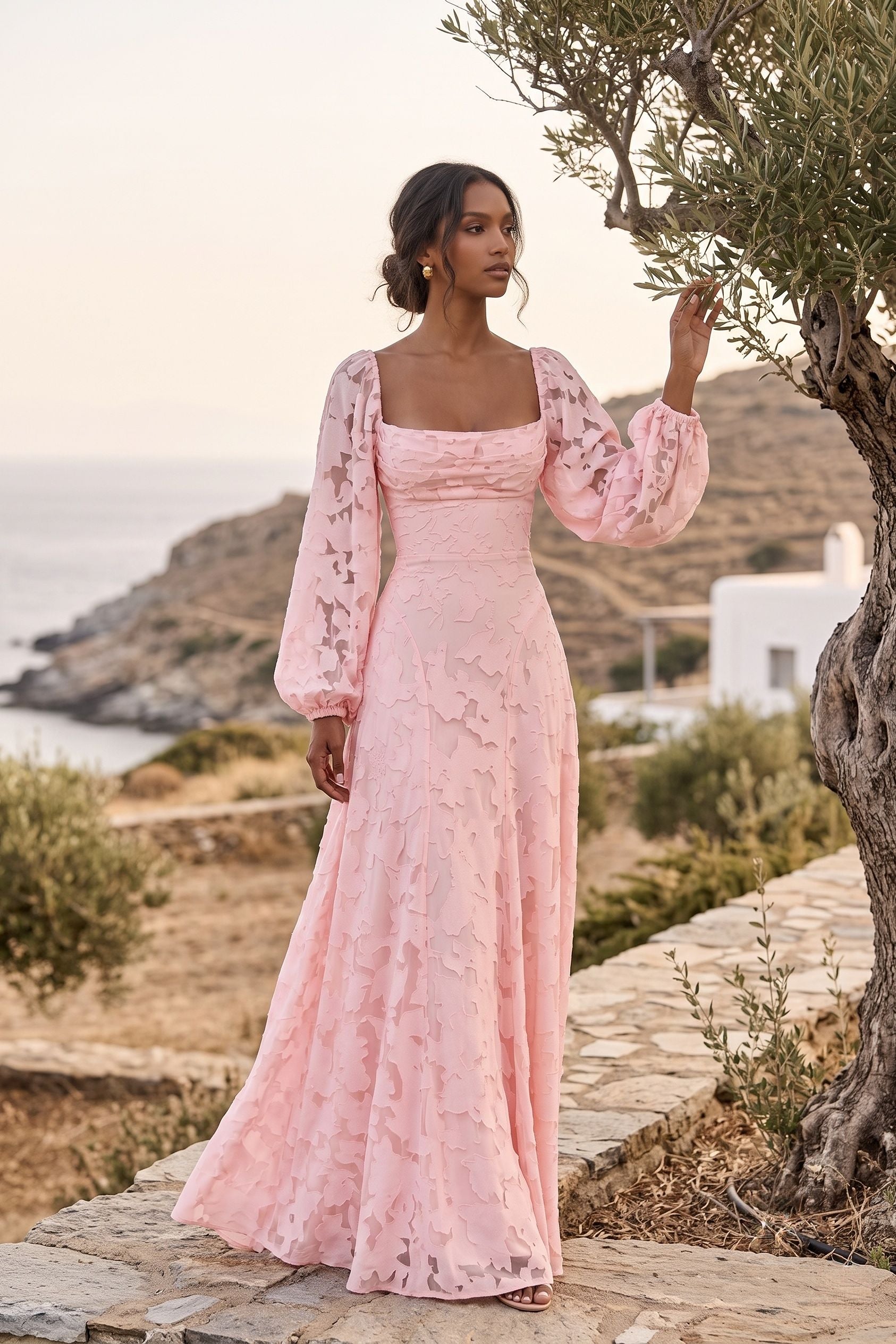 Pink Chiffon Burnout Wedding Guest Dress Square Neck Long Sleeve Maxi Gown COCOMELODY CG0340
