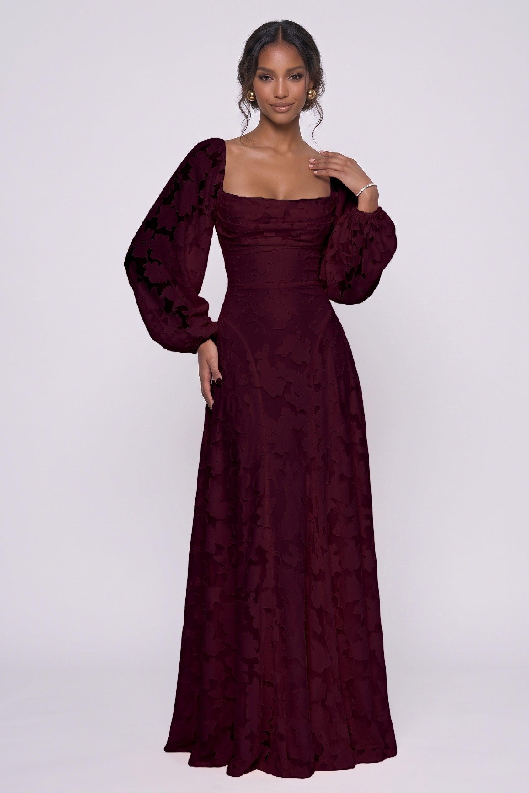 Square Neck Long Sleeve Chiffon Burnout Bridesmaid Dress A-Line
