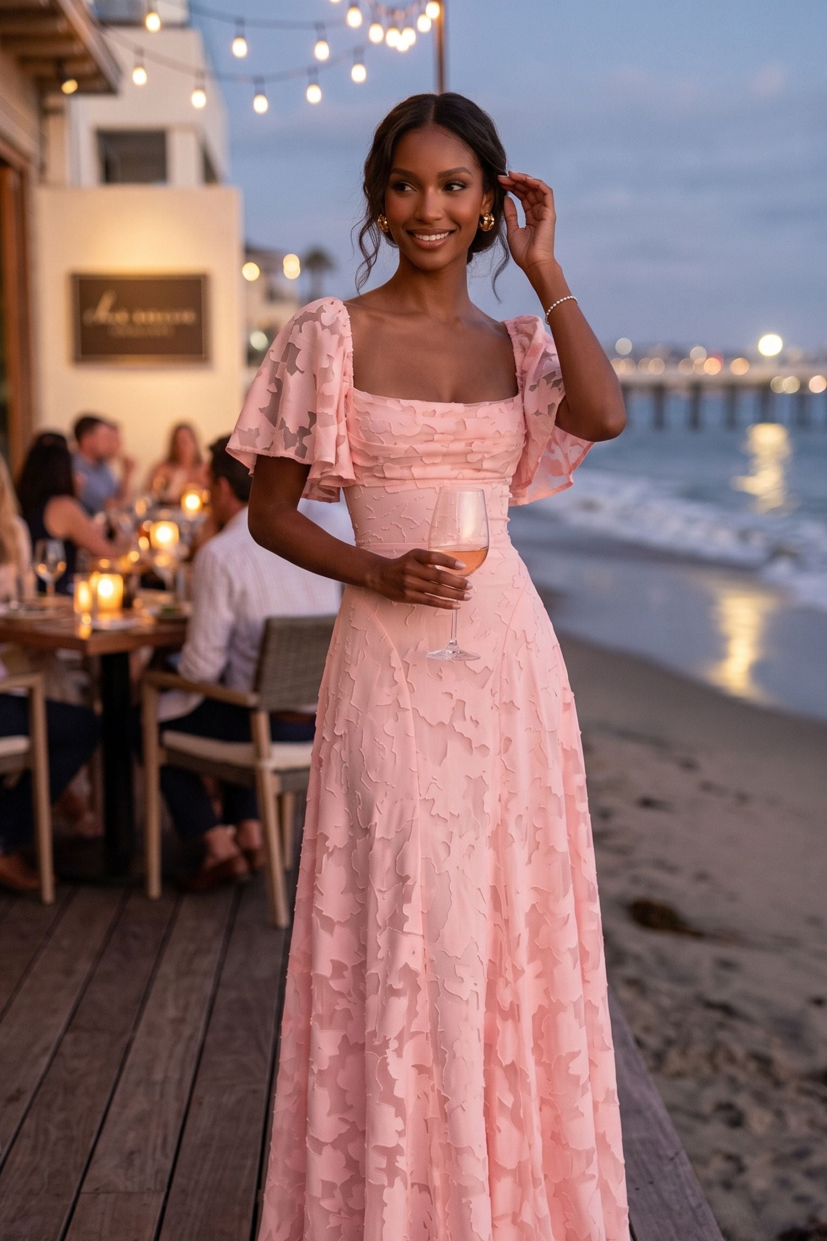 Square Neck Chiffon Burnout Wedding Guest Dress Short Sleeve A-Line Maxi Gown COCOMELODY CG0342