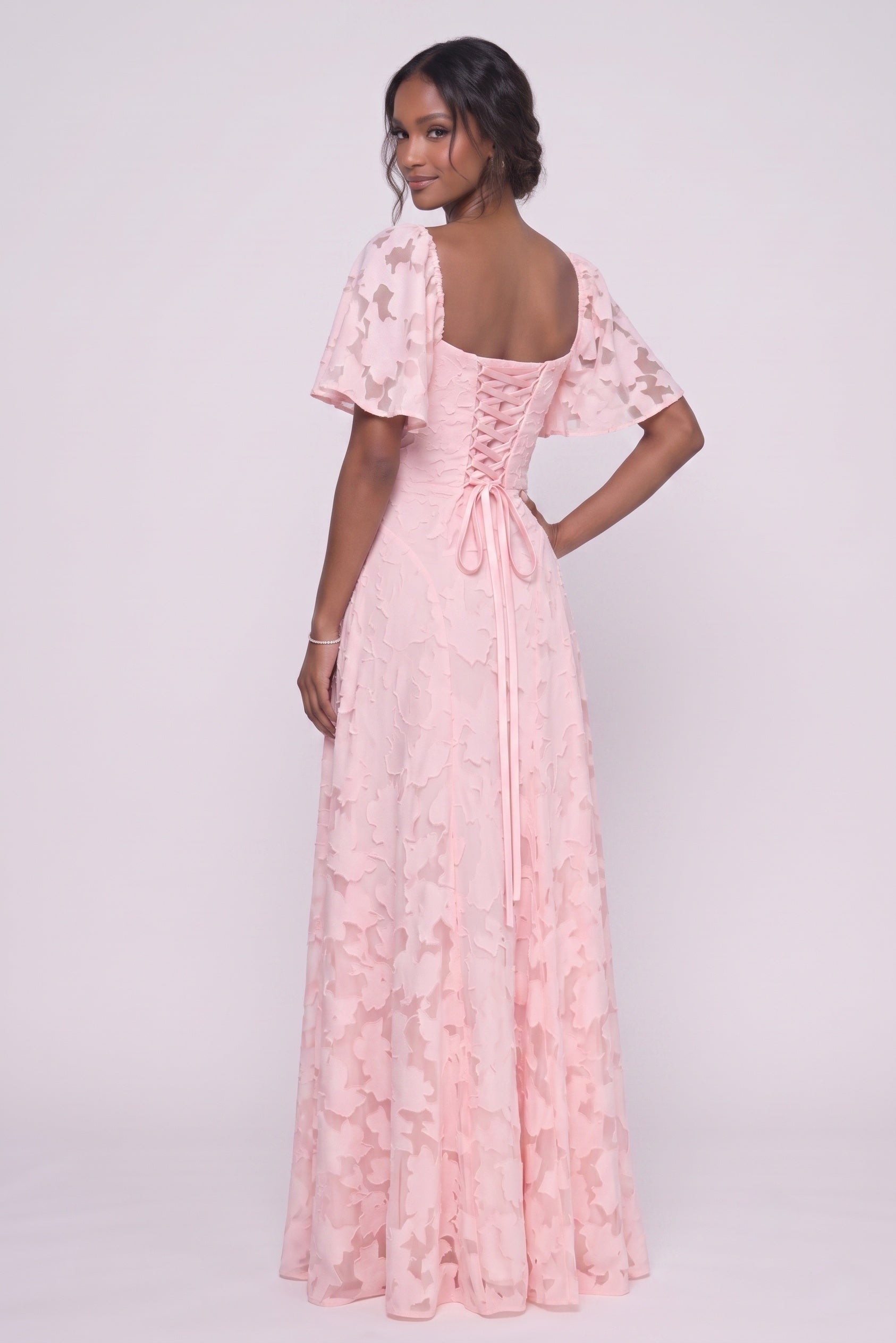 Square Neck Chiffon Burnout Wedding Guest Dress Short Sleeve A-Line Maxi Gown COCOMELODY CG0342