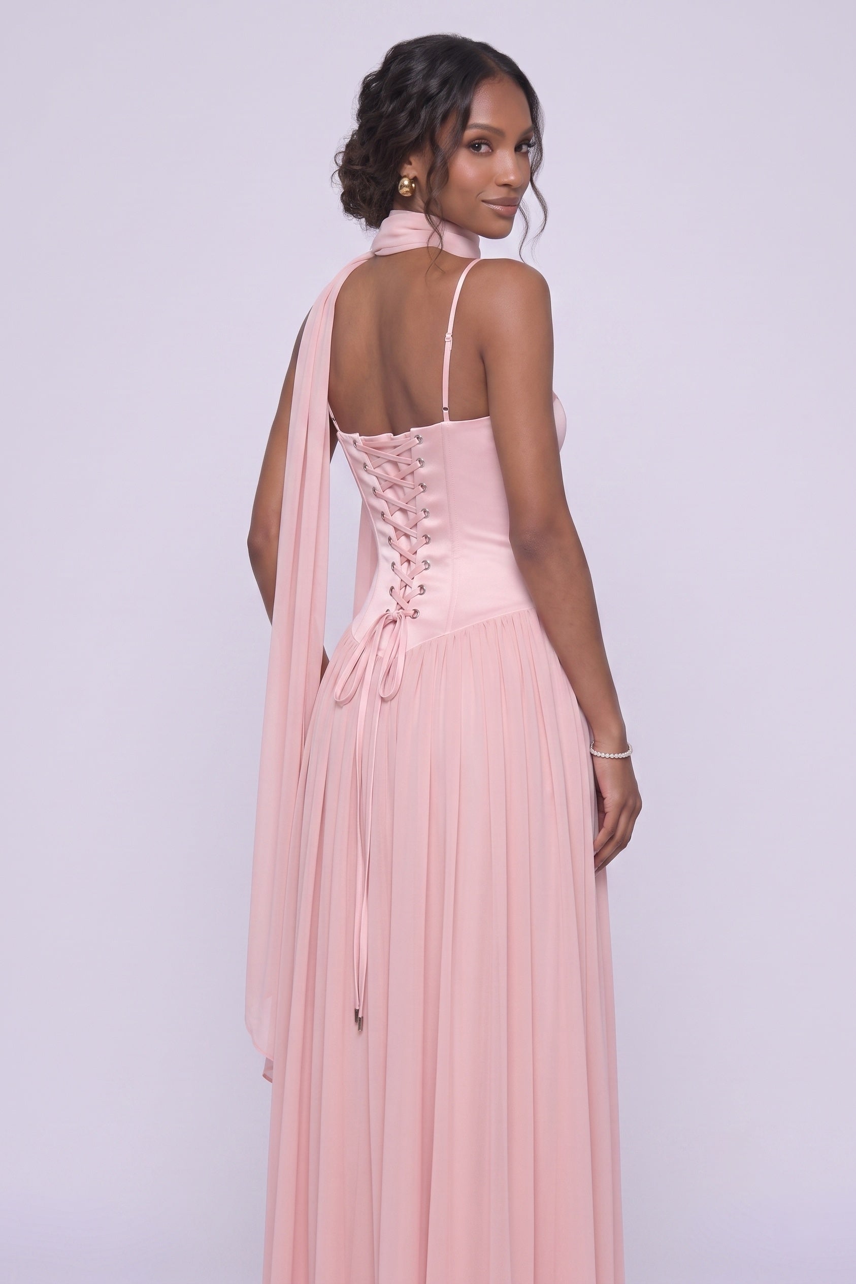 Strapless Chiffon Bridesmaid Dress A-Line Maxi Wedding Party Gown with Scarf COCOMELODY CG0343BM