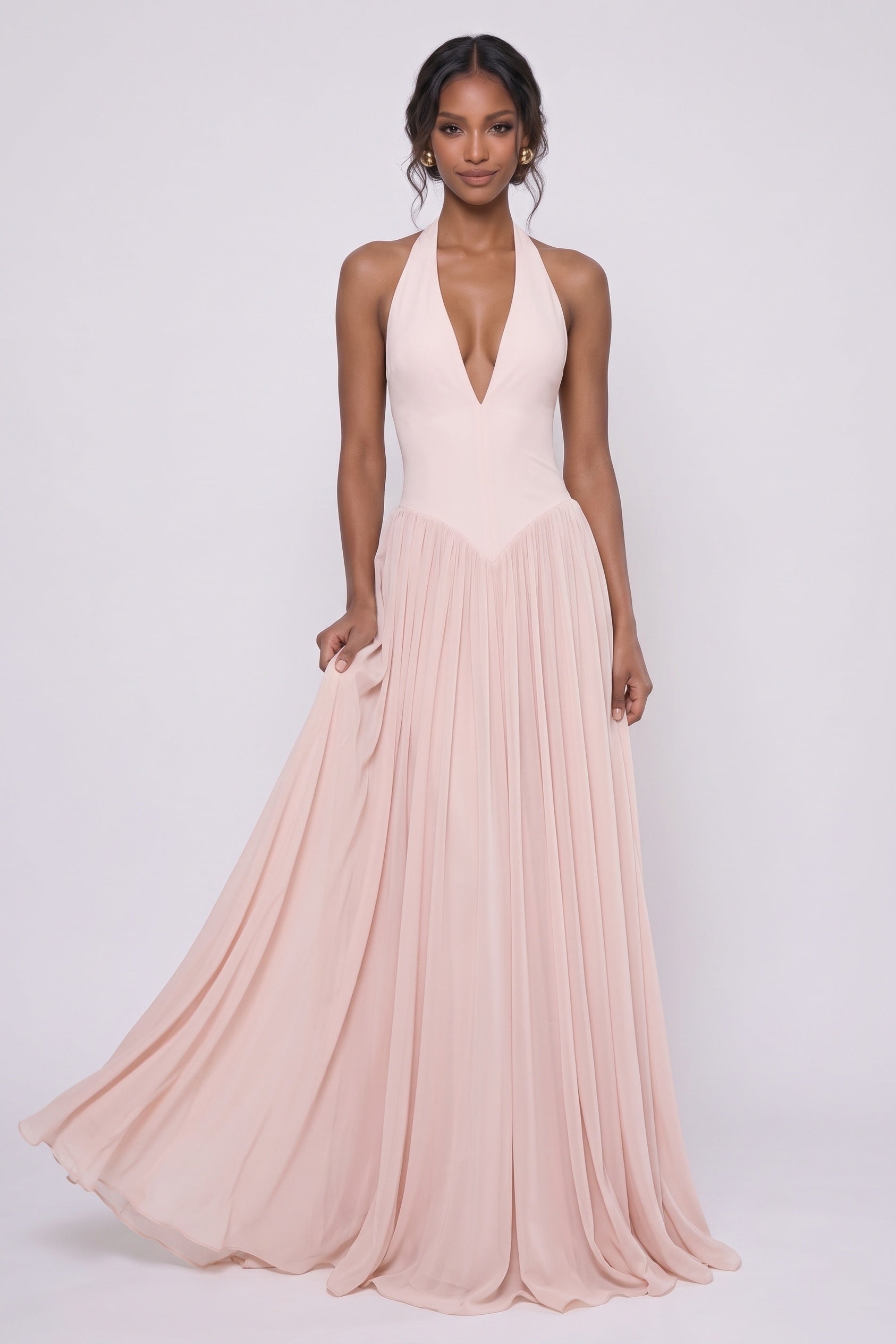 Halter Neck Elastic Chiffon Wedding Guest Dress Pleated A-Line Maxi Gown COCOMELODY CG0344, Black