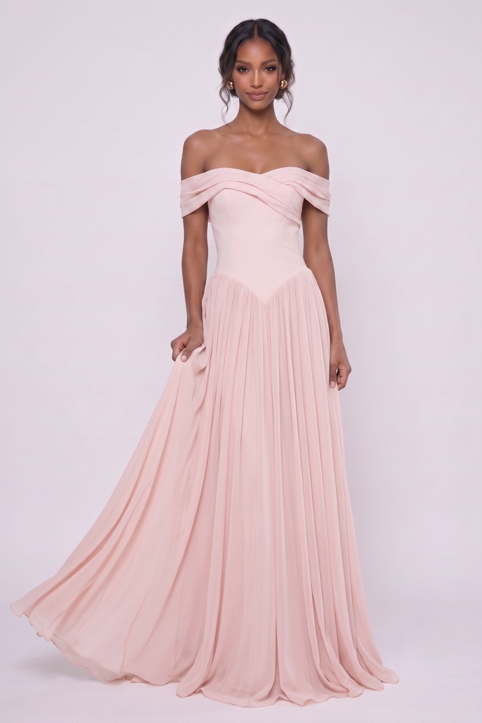 Off The Shoulder Chiffon Wedding Guest Dress Pleated A-Line Maxi Bridesmaid Gown COCOMELODY CG0345