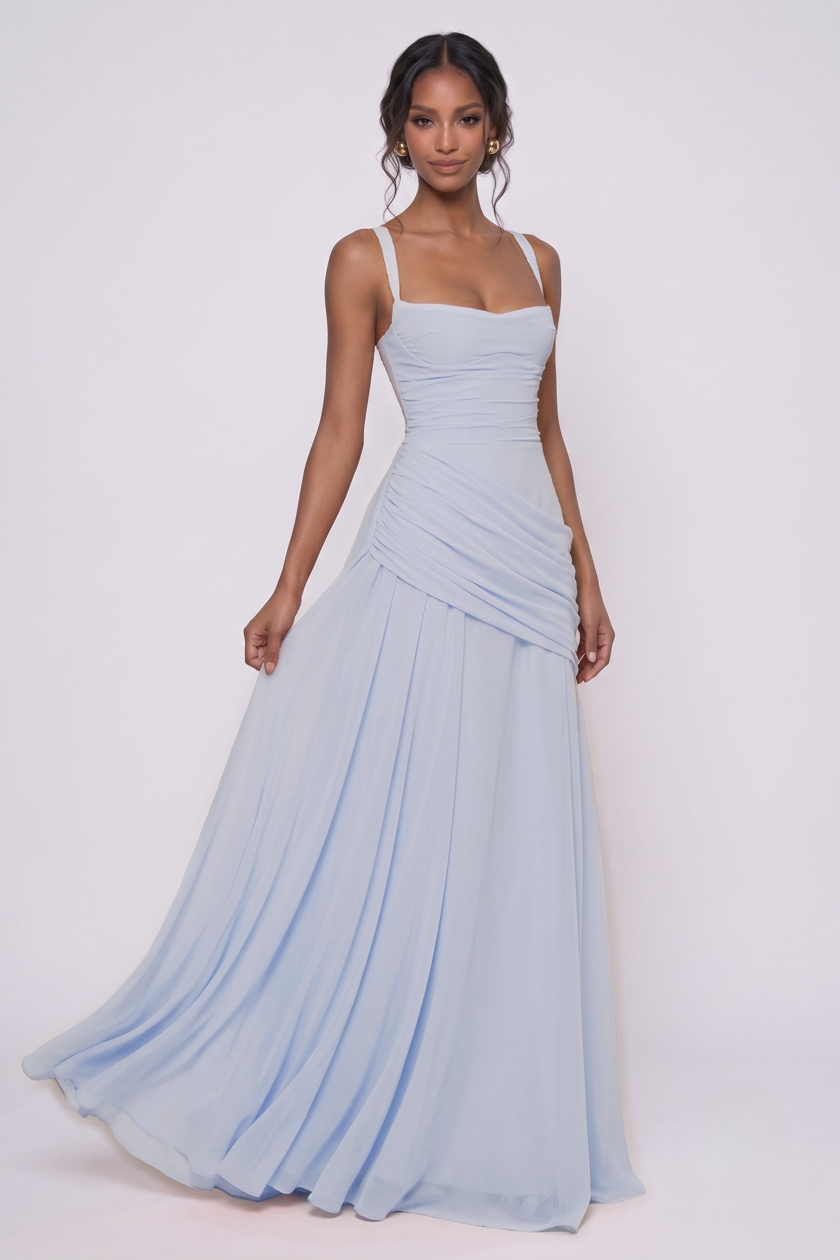 Square Neck Chiffon Wedding Guest Dress Pleated Sheath Maxi Bridesmaid Gown COCOMELODY CG0346, Dark Navy