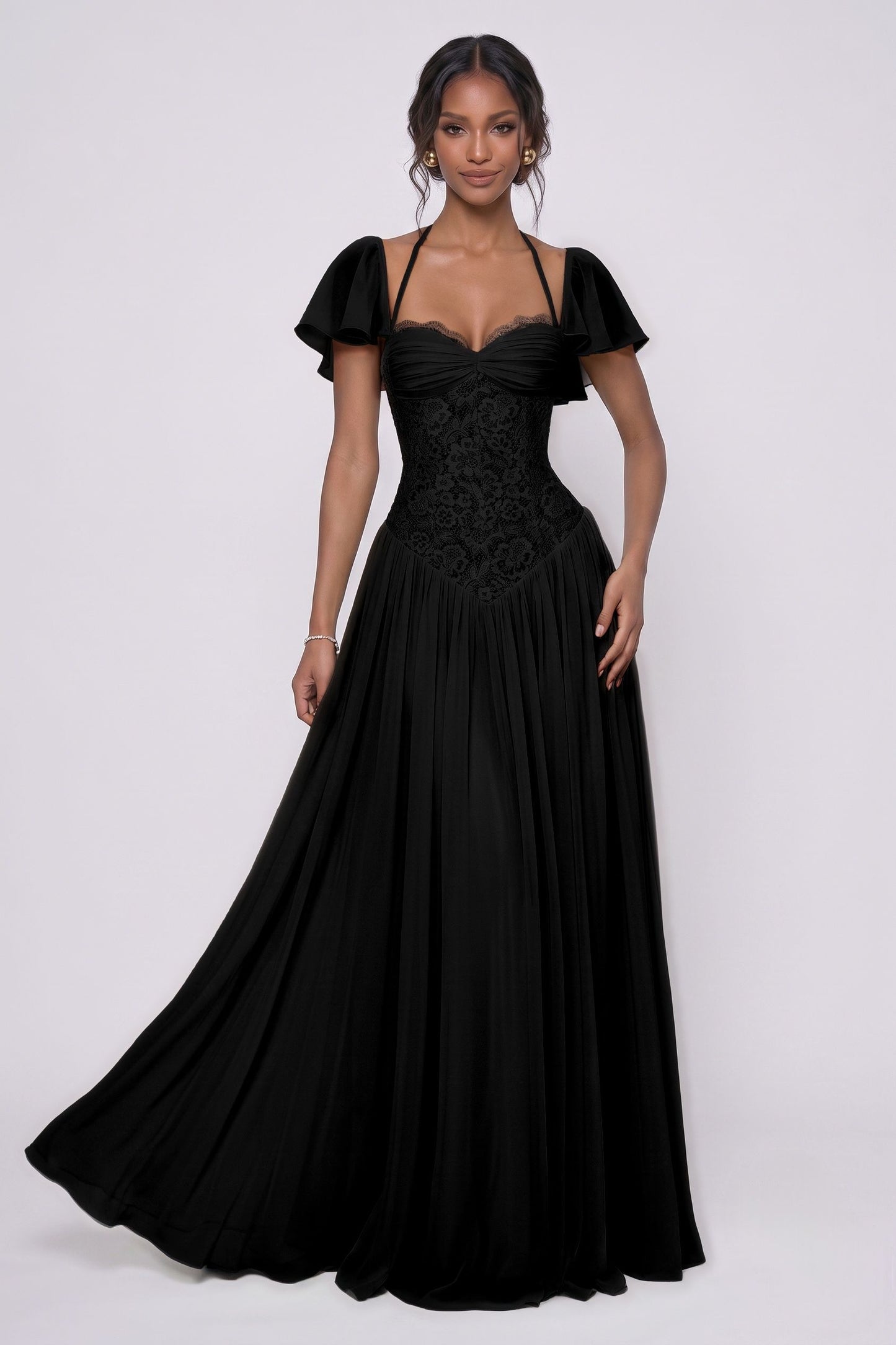 A-Line Floor-length Chiffon Lace Wedding Guest Dress CG0347