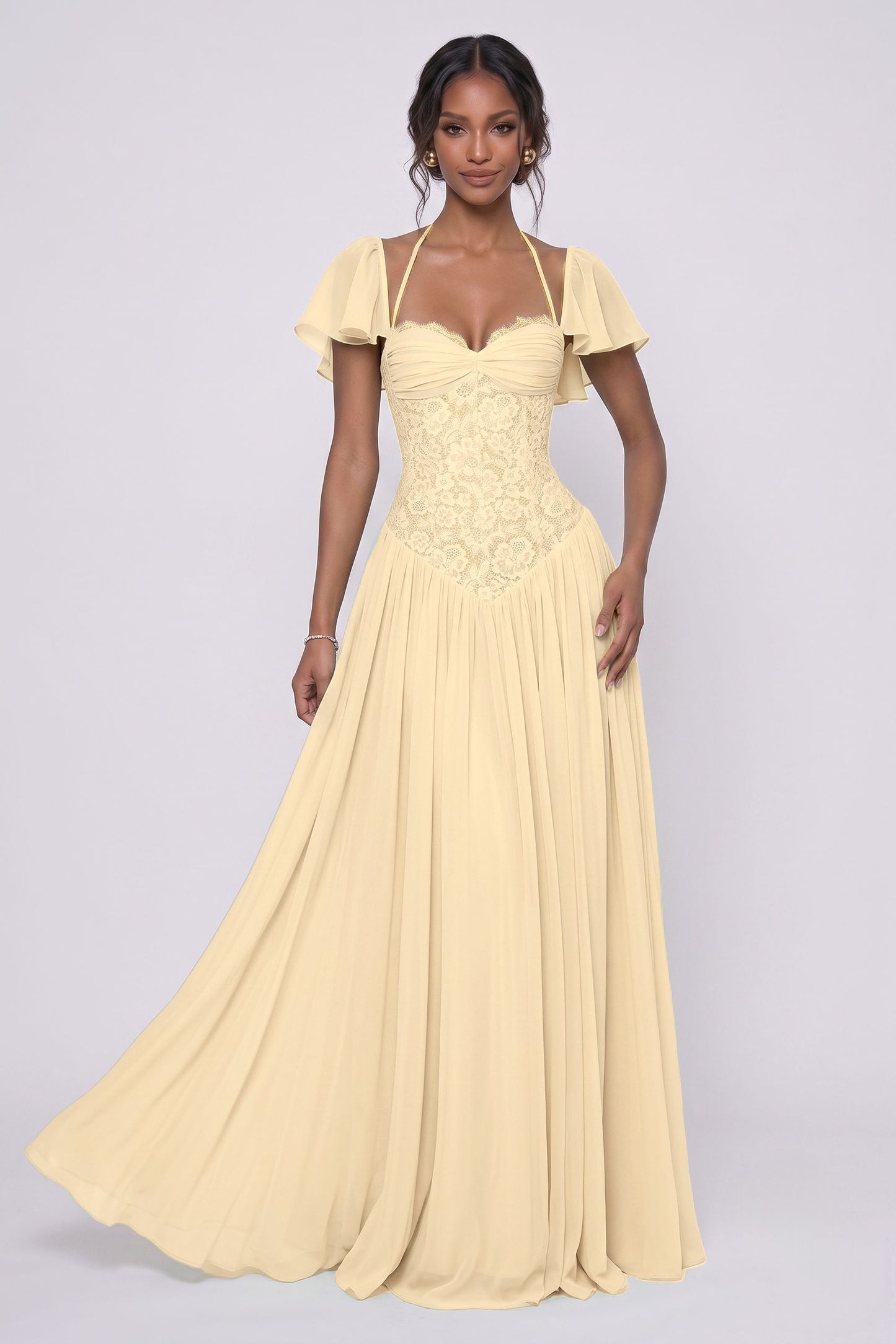 A-Line Floor-length Chiffon Lace Wedding Guest Dress CG0347