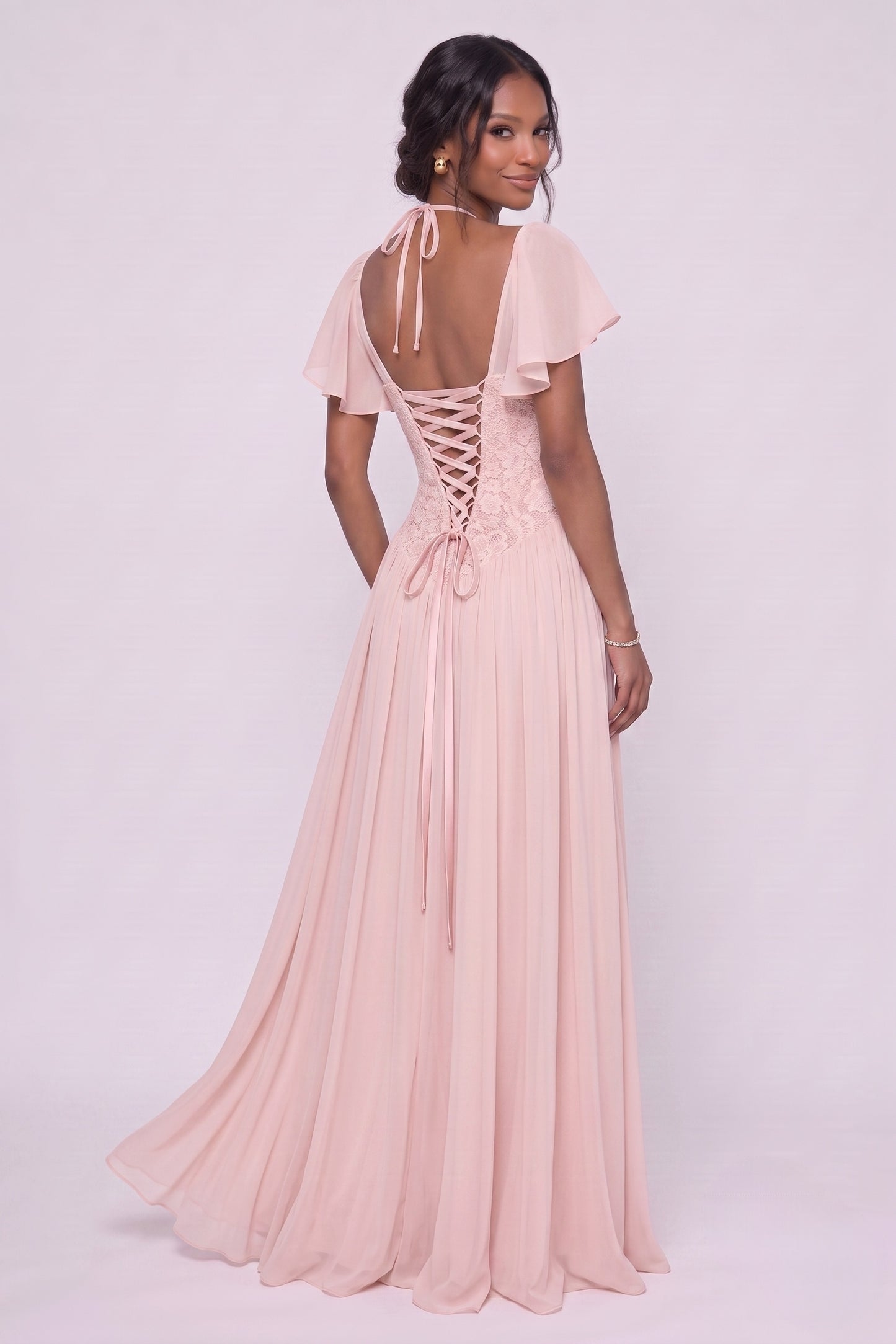 A-Line Floor-length Chiffon Lace Wedding Guest Dress CG0347