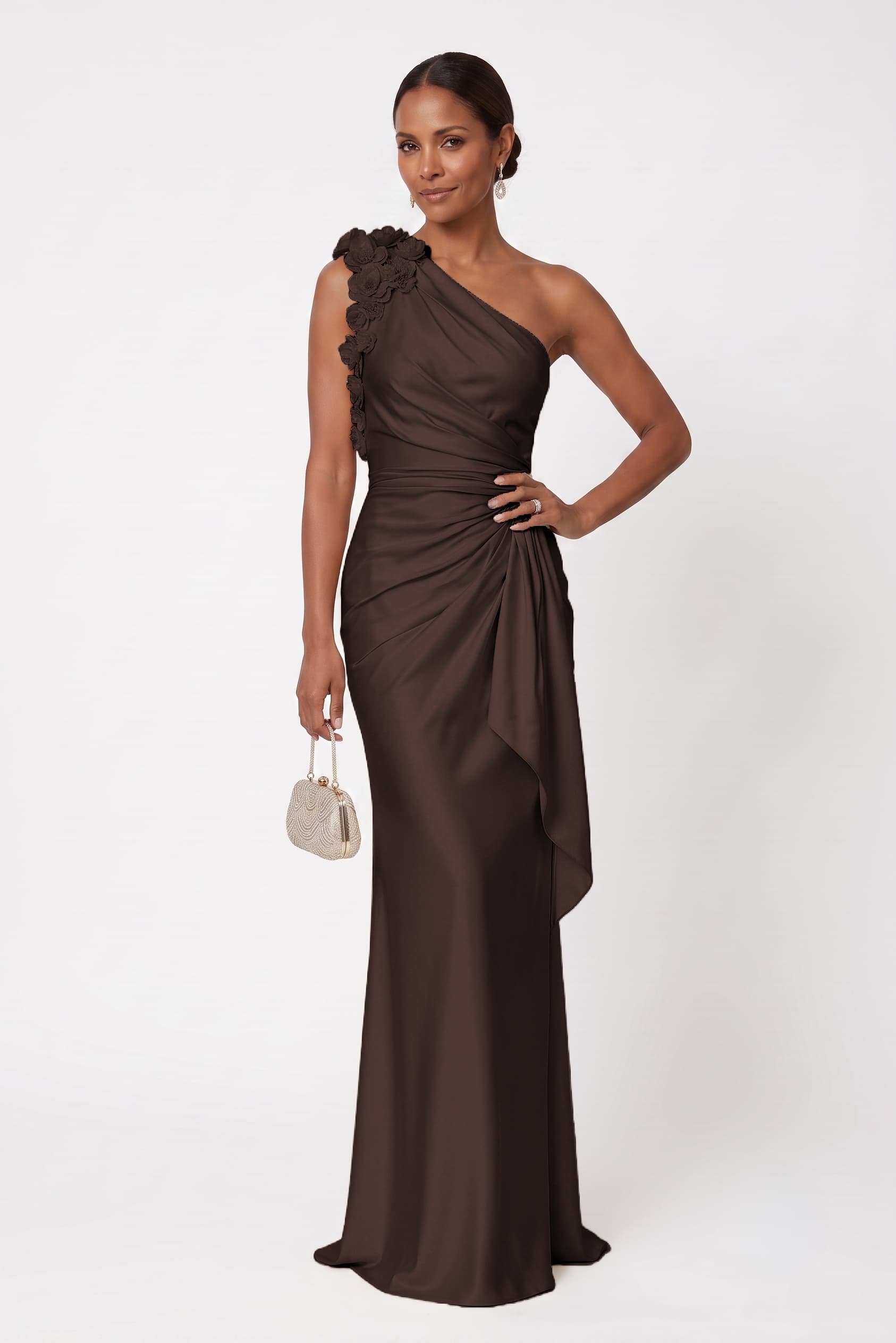 One Shoulder Stretch Satin Wedding Guest Dress with Pleated Flower Detail COCOMELODY CG0348, Hunter Green