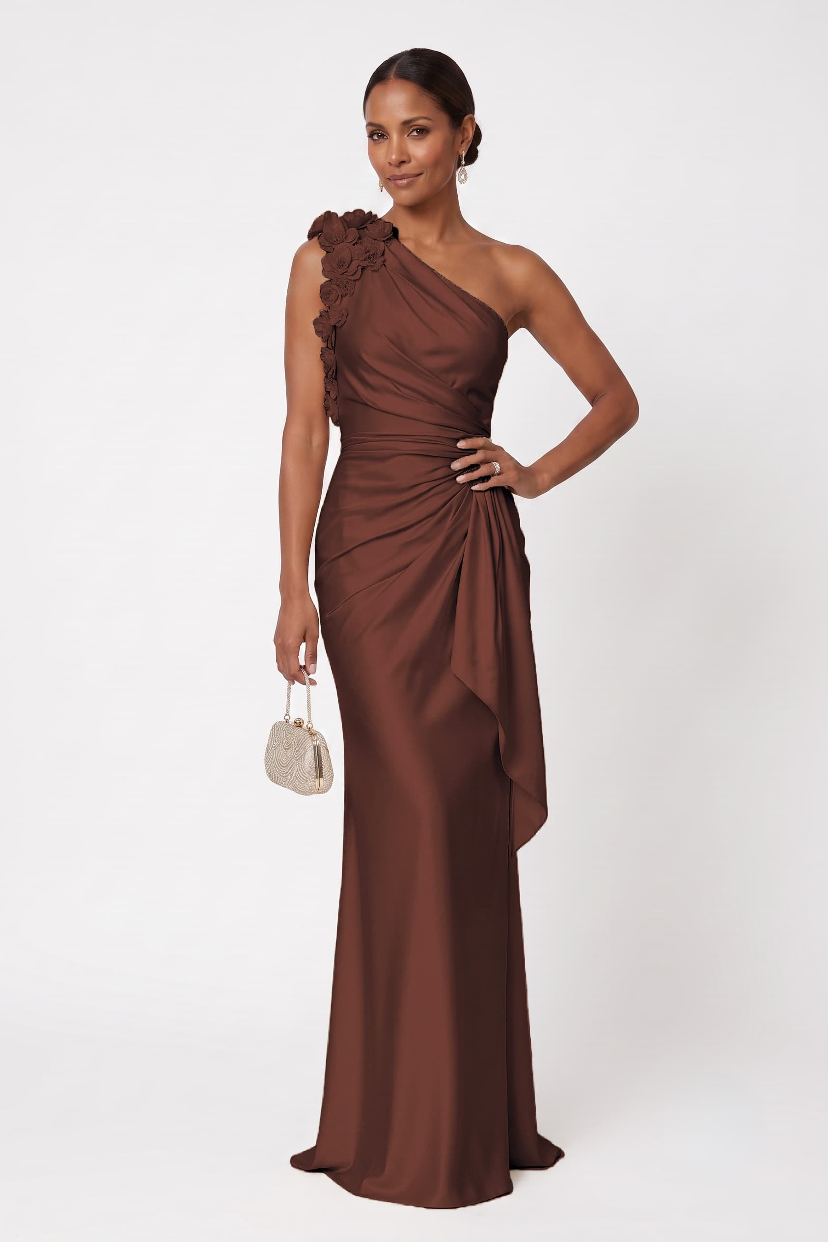 One Shoulder Stretch Satin Wedding Guest Dress with Pleated Flower Detail COCOMELODY CG0348, Hunter Green