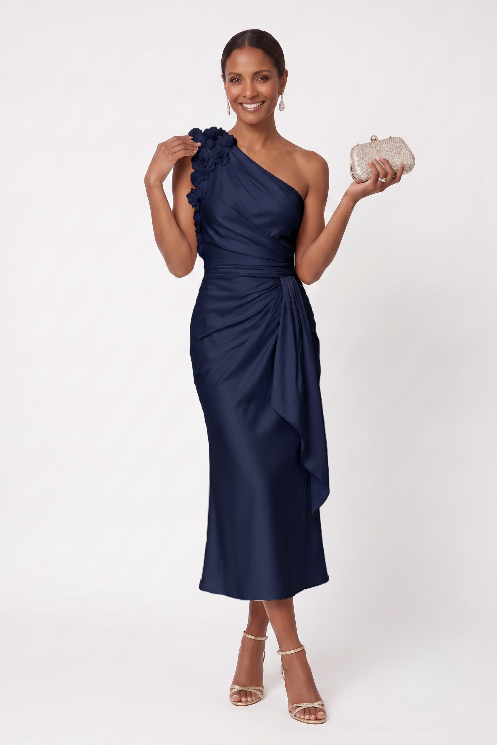One Shoulder Stretch Satin Tea Length Wedding Guest Dress with
