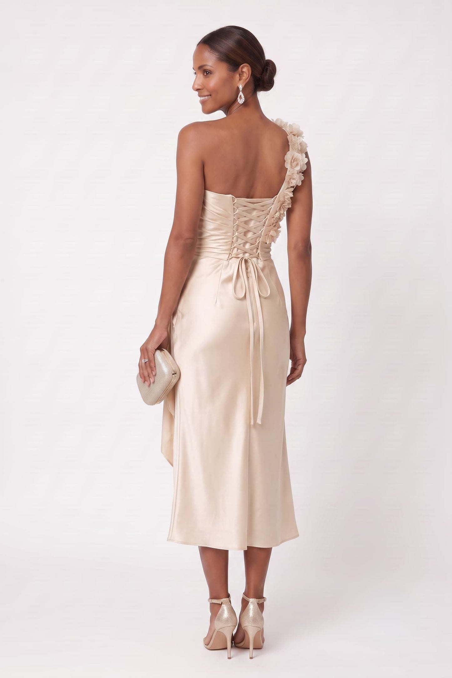 Sheath-Column Tea Length Stretch Satin Wedding Guest Dress CG0349