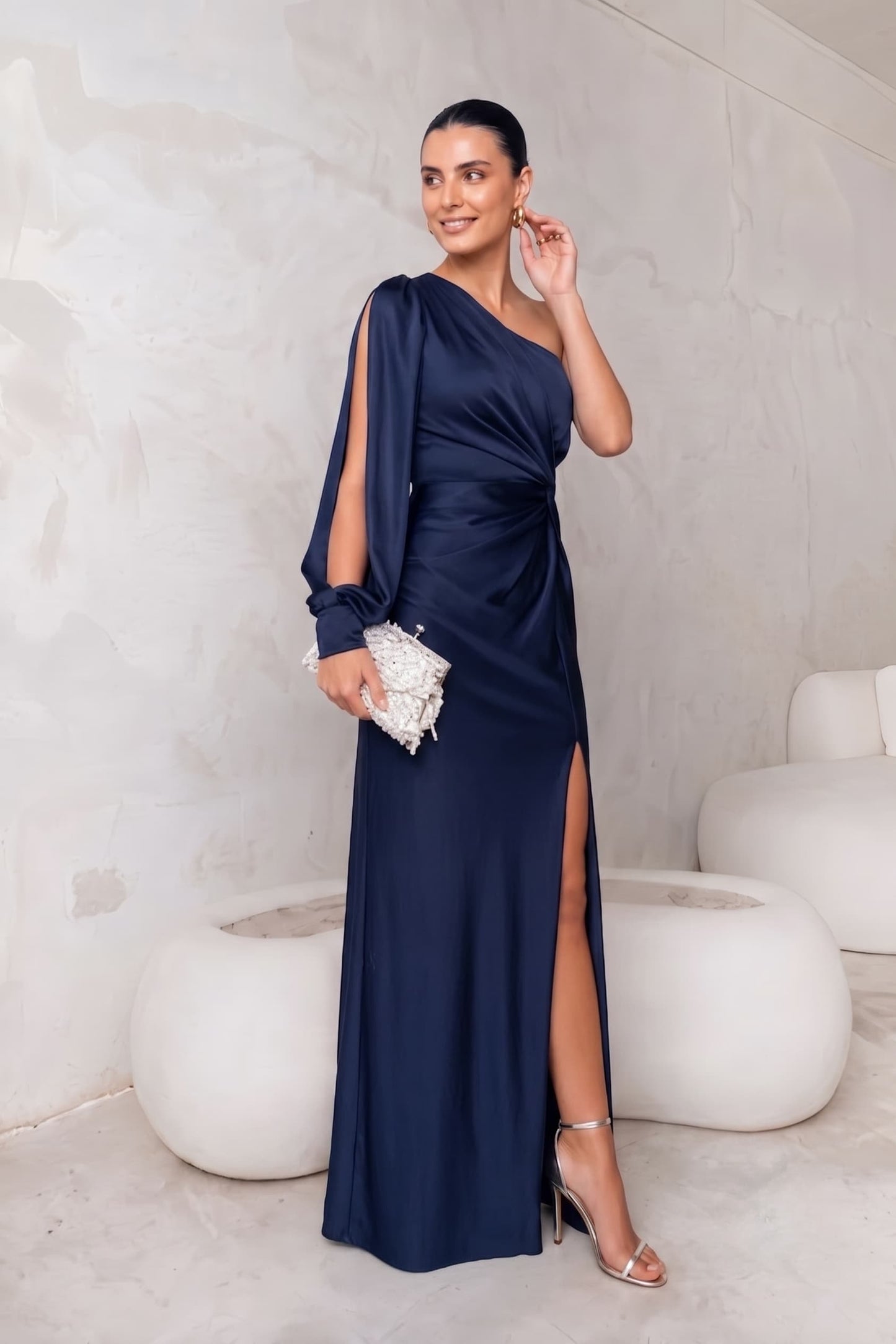 Sheath-Column Floor Length Stretch Satin Wedding Guest Dress CG0352