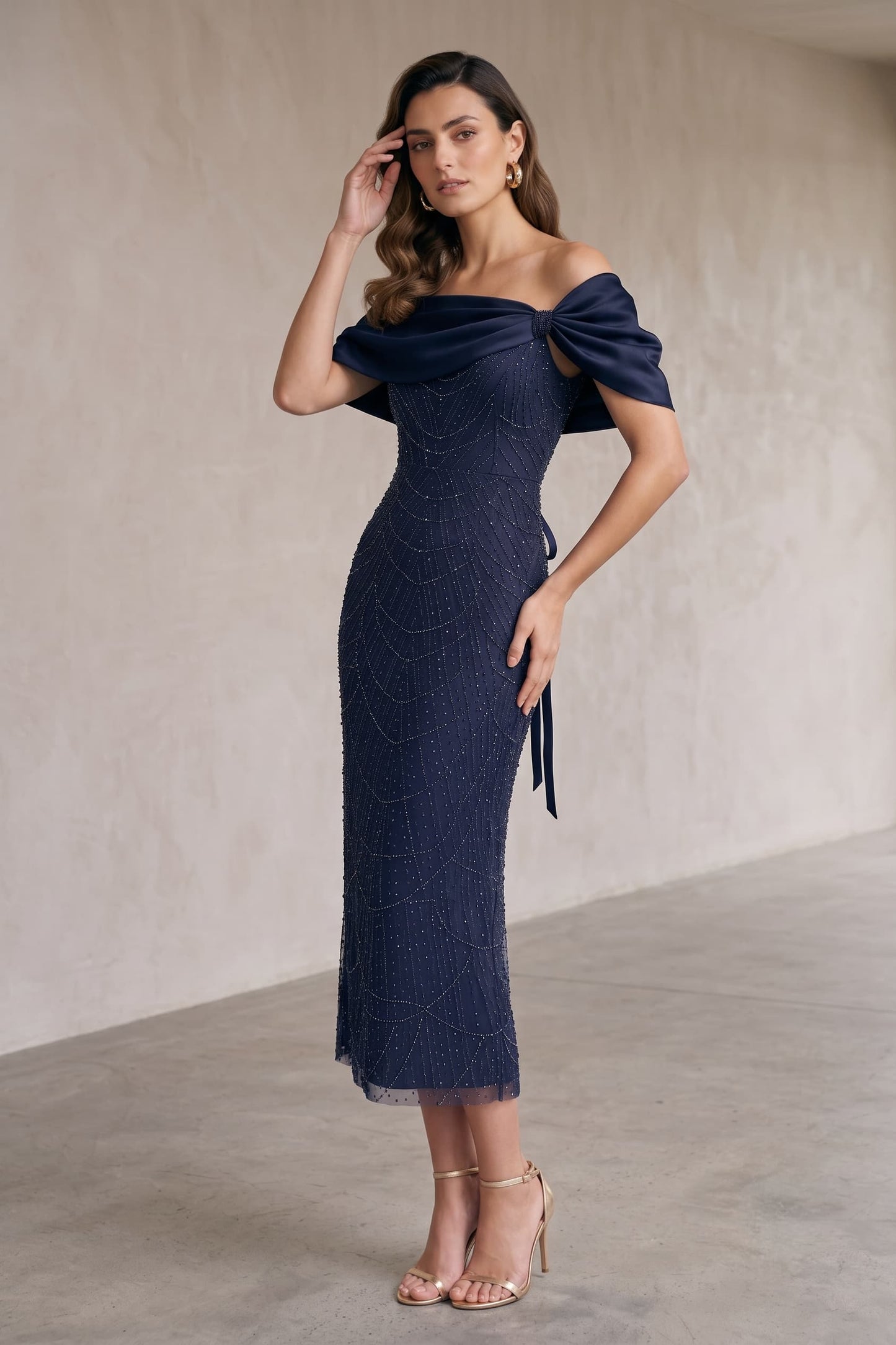 Sheath-Column Tea Length Satin Lace Wedding Guest Dress CG0354