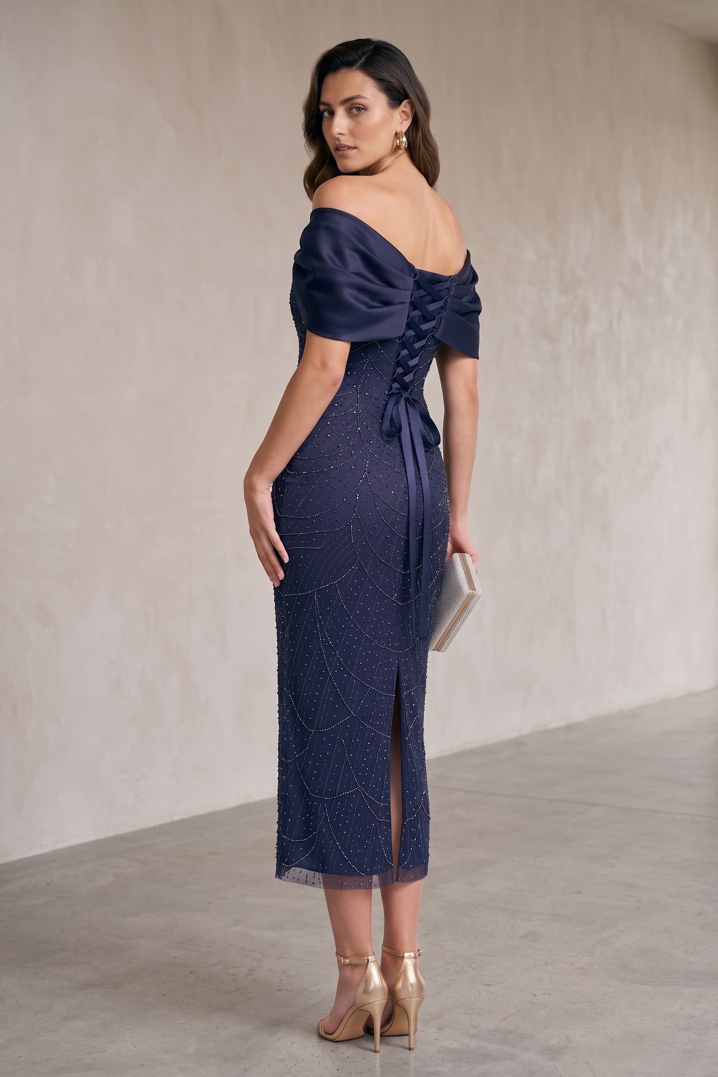 Sheath-Column Tea Length Satin Lace Wedding Guest Dress CG0354