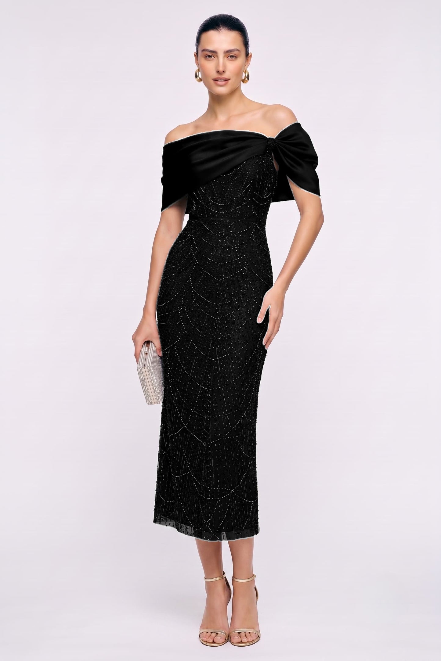 Sheath-Column Tea Length Satin Lace Wedding Guest Dress CG0354