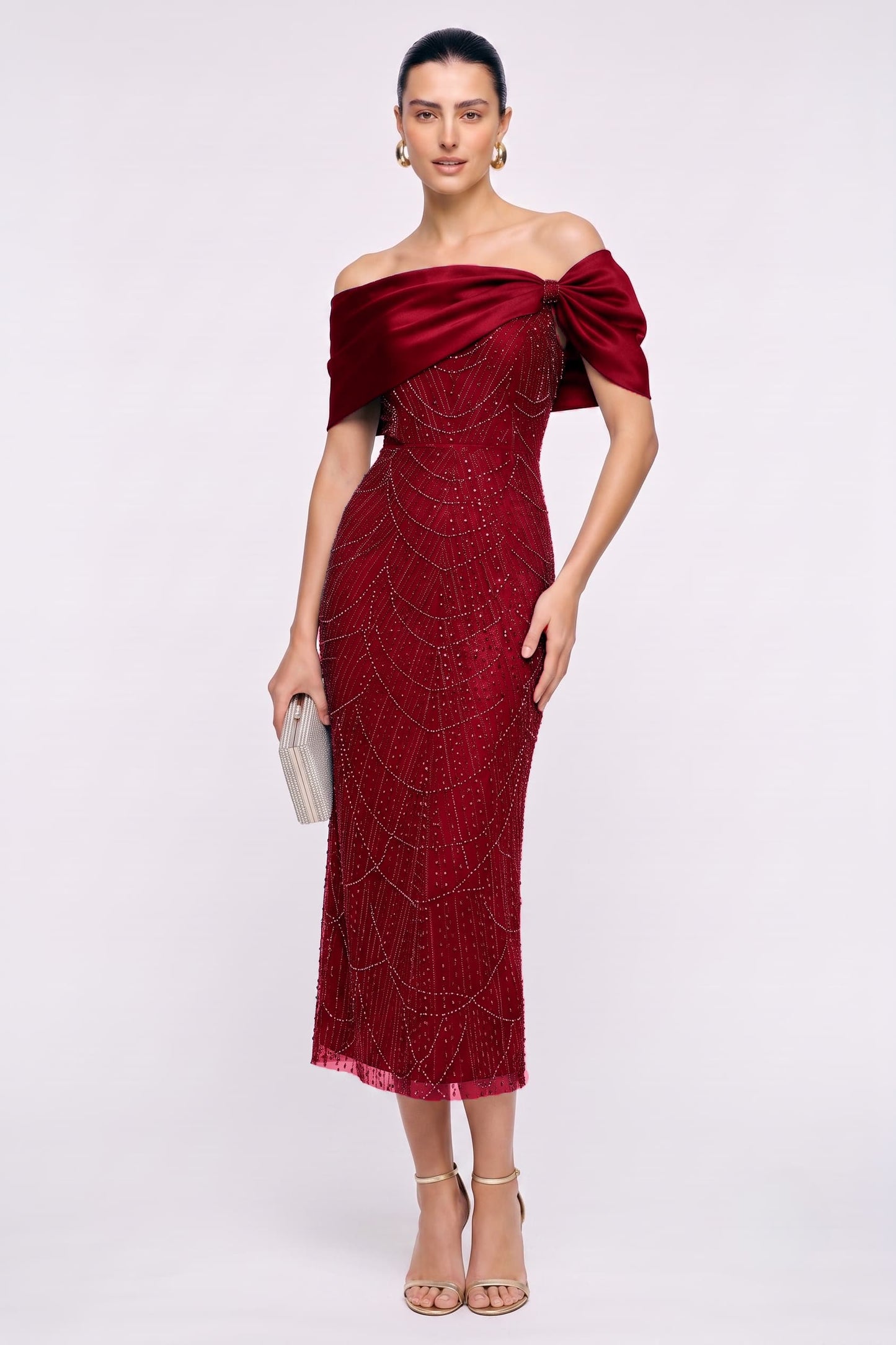 Sheath-Column Tea Length Satin Lace Wedding Guest Dress CG0354