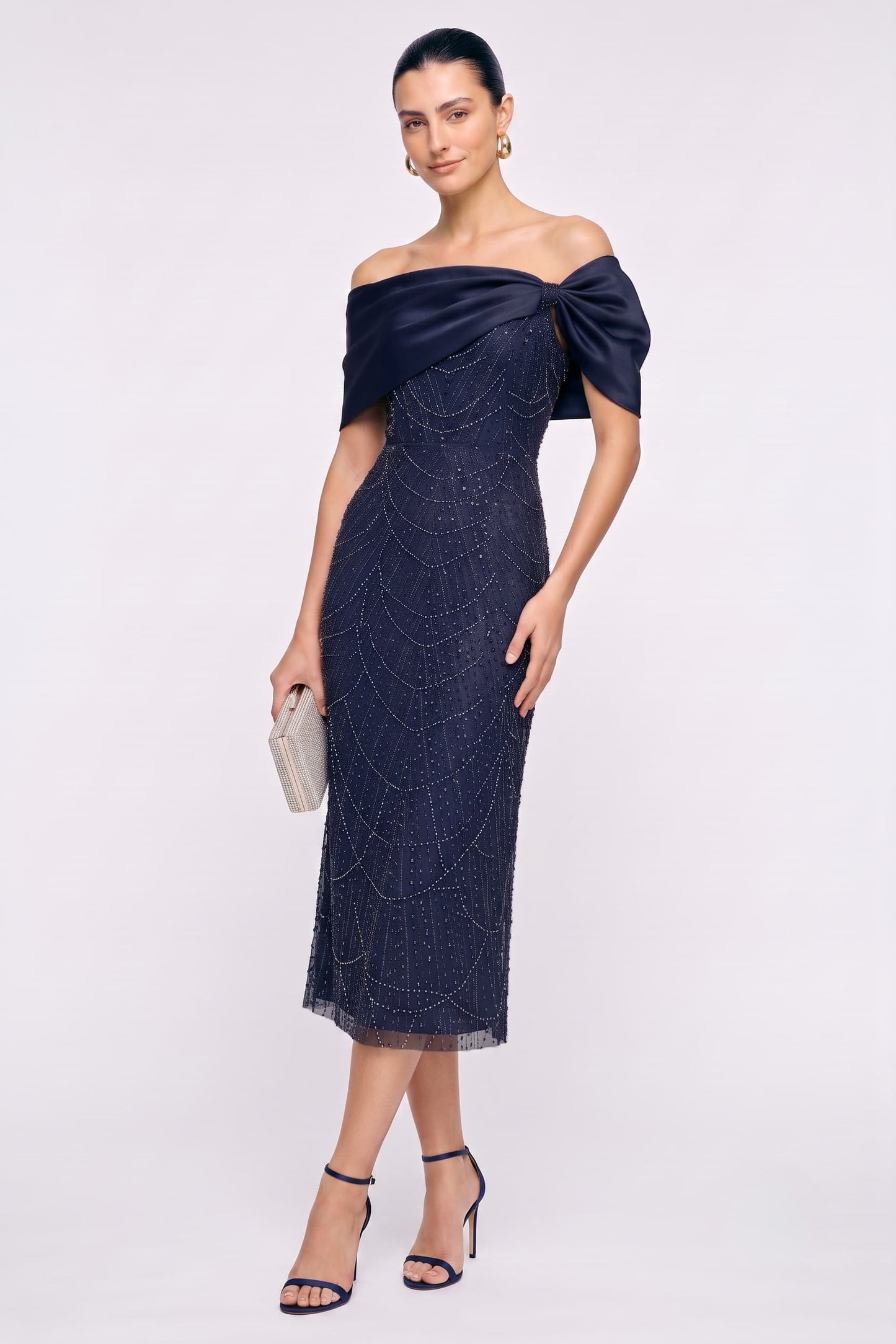 Sheath-Column Tea Length Satin Lace Wedding Guest Dress CG0354