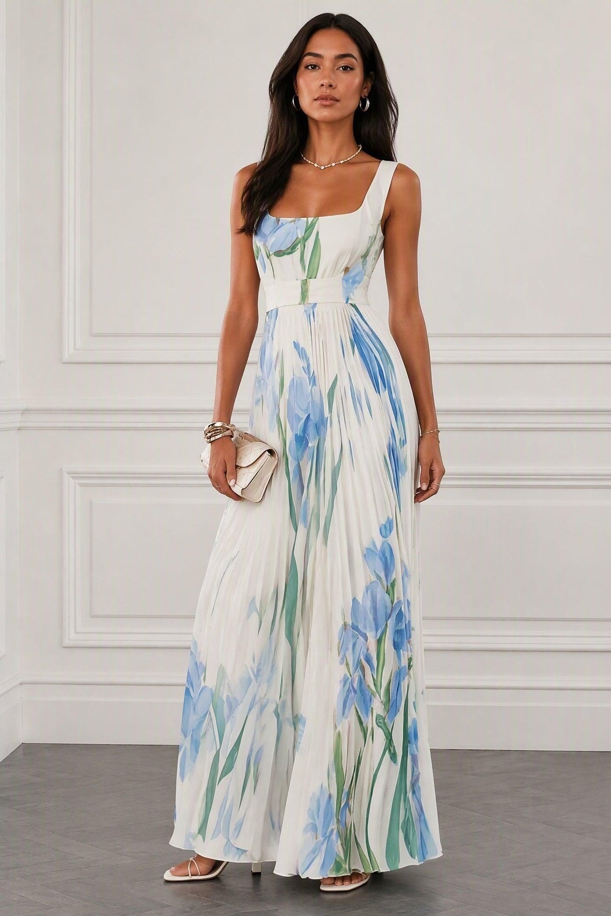A-Line Maxi Printed Chiffon Wedding Guest Dress CG0356 - White - COCOMELODY