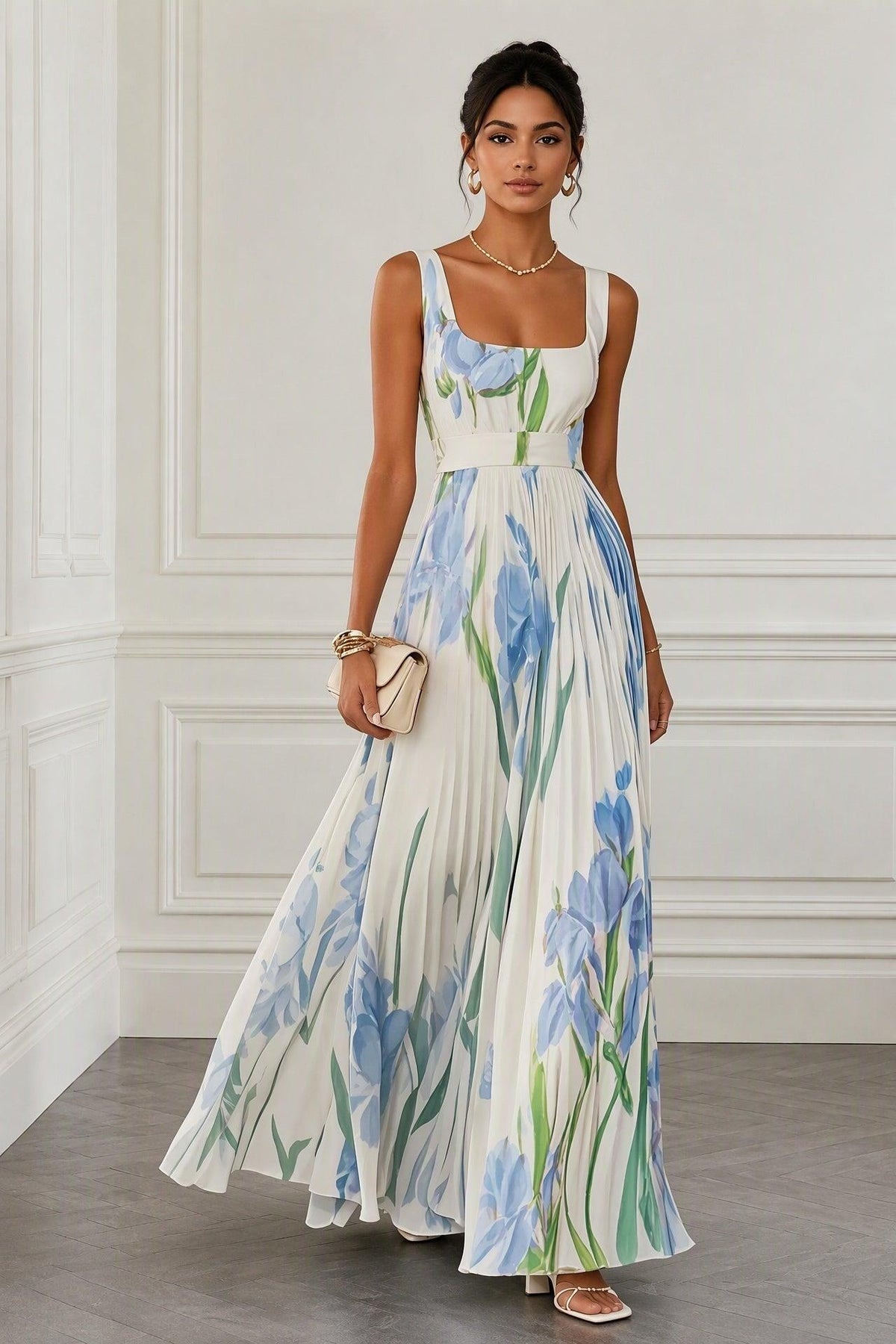 A-Line Maxi Printed Chiffon Wedding Guest Dress CG0356 - White - COCOMELODY
