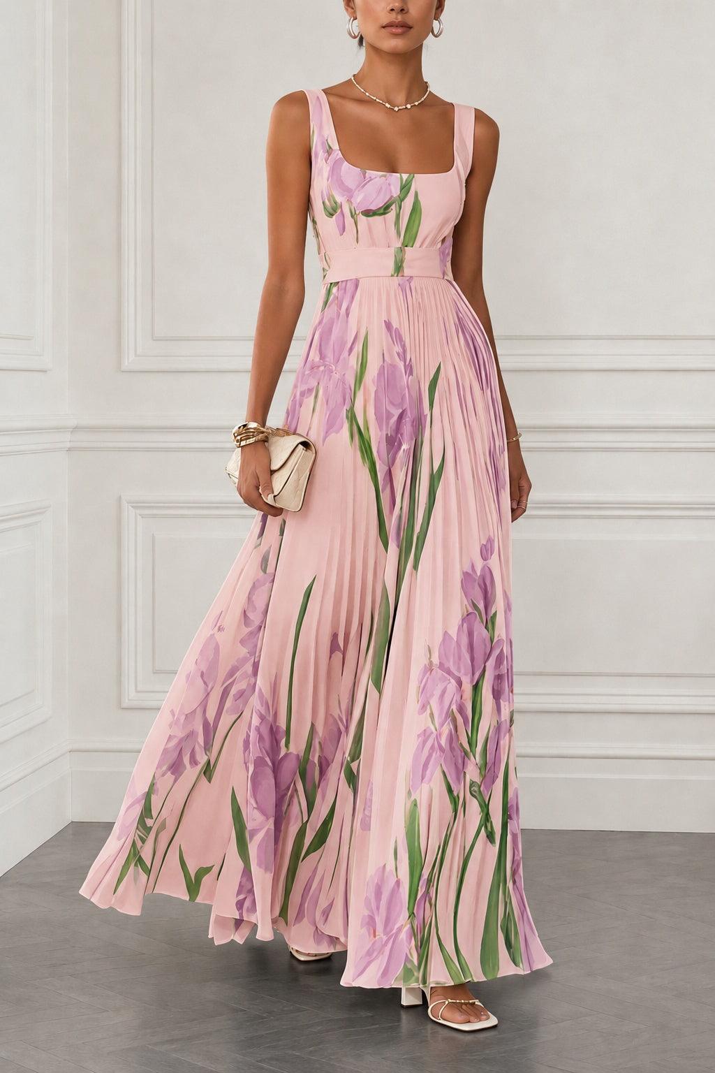 A-Line Maxi Printed Chiffon Wedding Guest Dress CG0356 - Pink - COCOMELODY