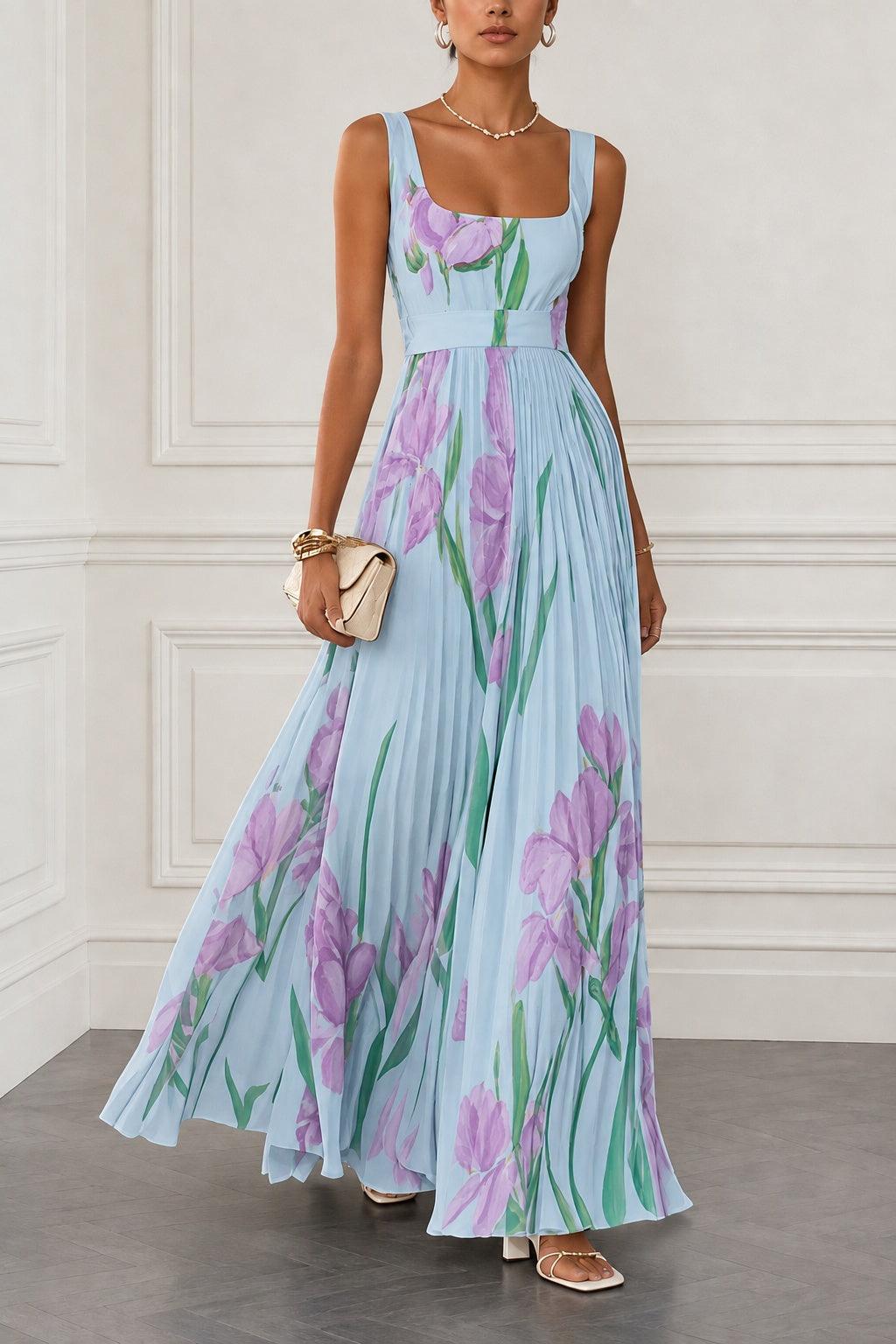 A-Line Maxi Printed Chiffon Wedding Guest Dress CG0356 - Sky Blue - COCOMELODY