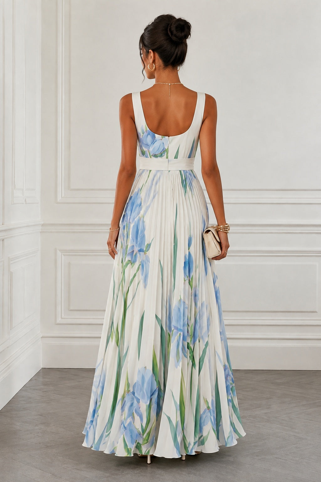 Printed Chiffon Square Neck Sleeveless A-Line Wedding Guest Dress COCOMELODY CG0356