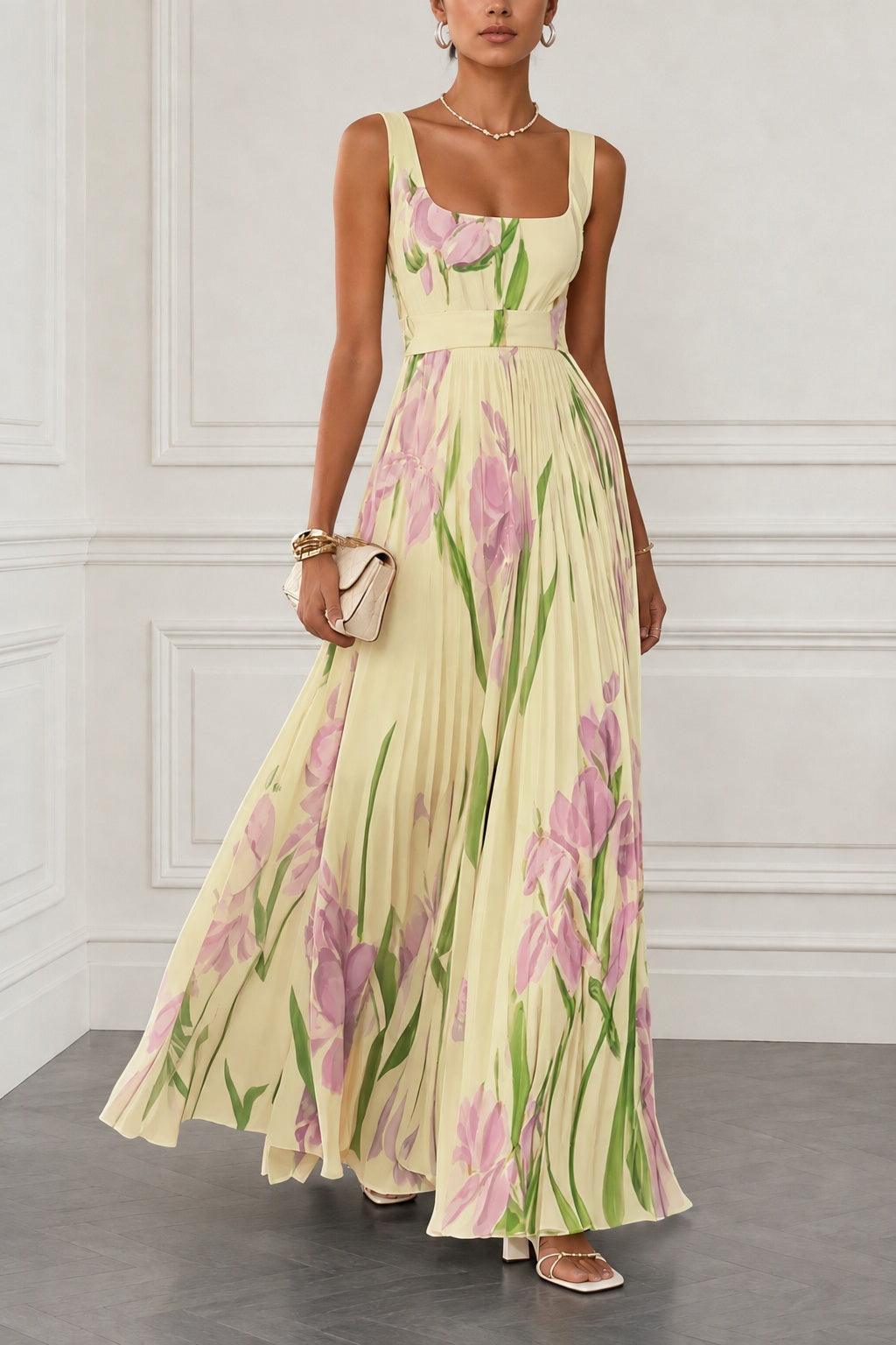 A-Line Maxi Printed Chiffon Wedding Guest Dress CG0356 - Yellow - COCOMELODY