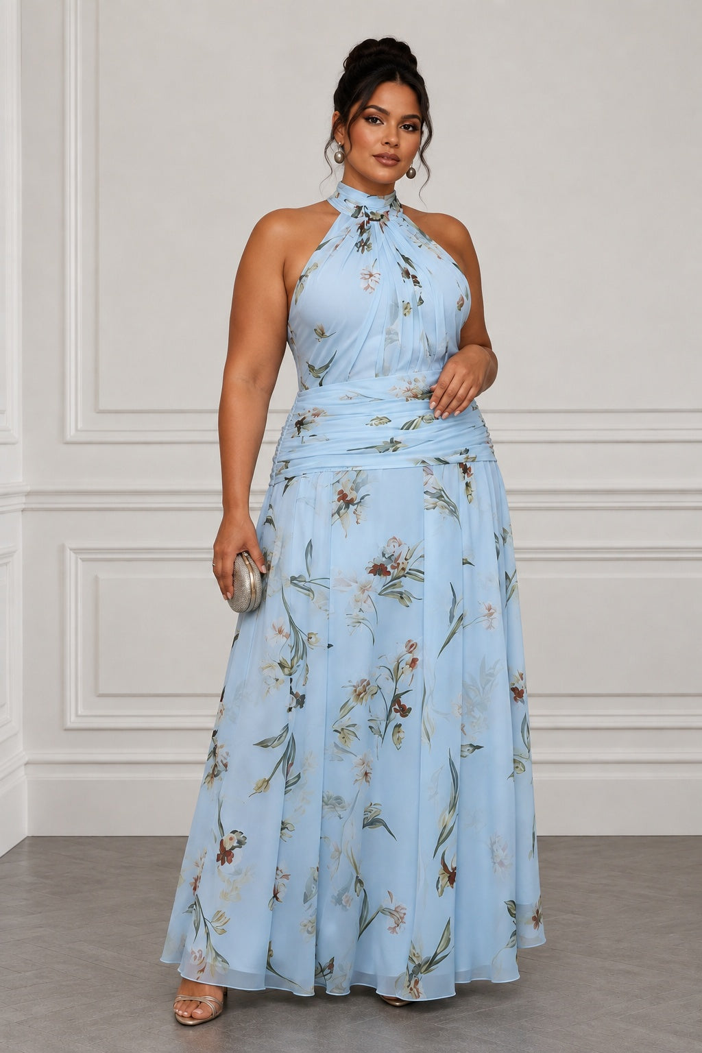 Printed Chiffon Halter A-Line Maxi Wedding Guest Dress with Ruched Detail COCOMELODY CG0357