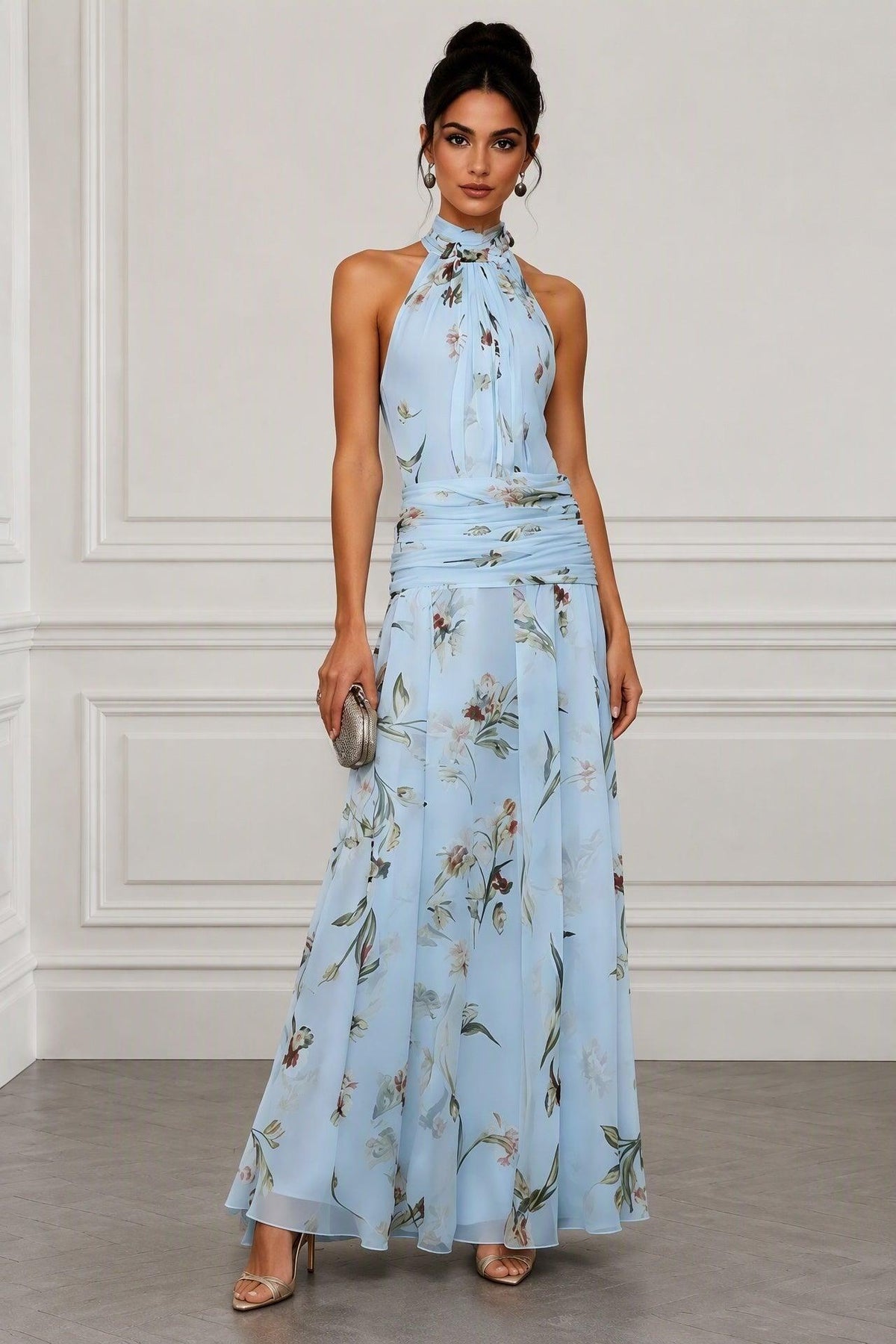 A-Line Maxi Printed Chiffon Wedding Guest Dress CG0357 - Sky Blue - COCOMELODY