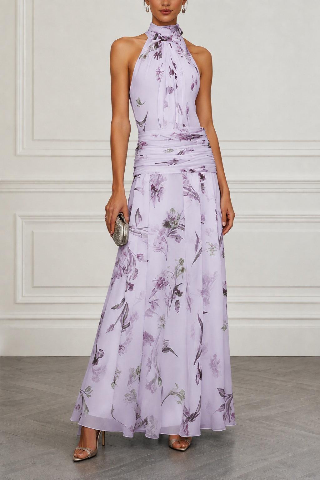 A-Line Maxi Printed Chiffon Wedding Guest Dress CG0357 - Purple - COCOMELODY