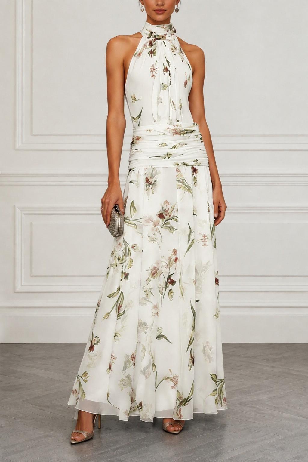 A-Line Maxi Printed Chiffon Wedding Guest Dress CG0357 - White - COCOMELODY