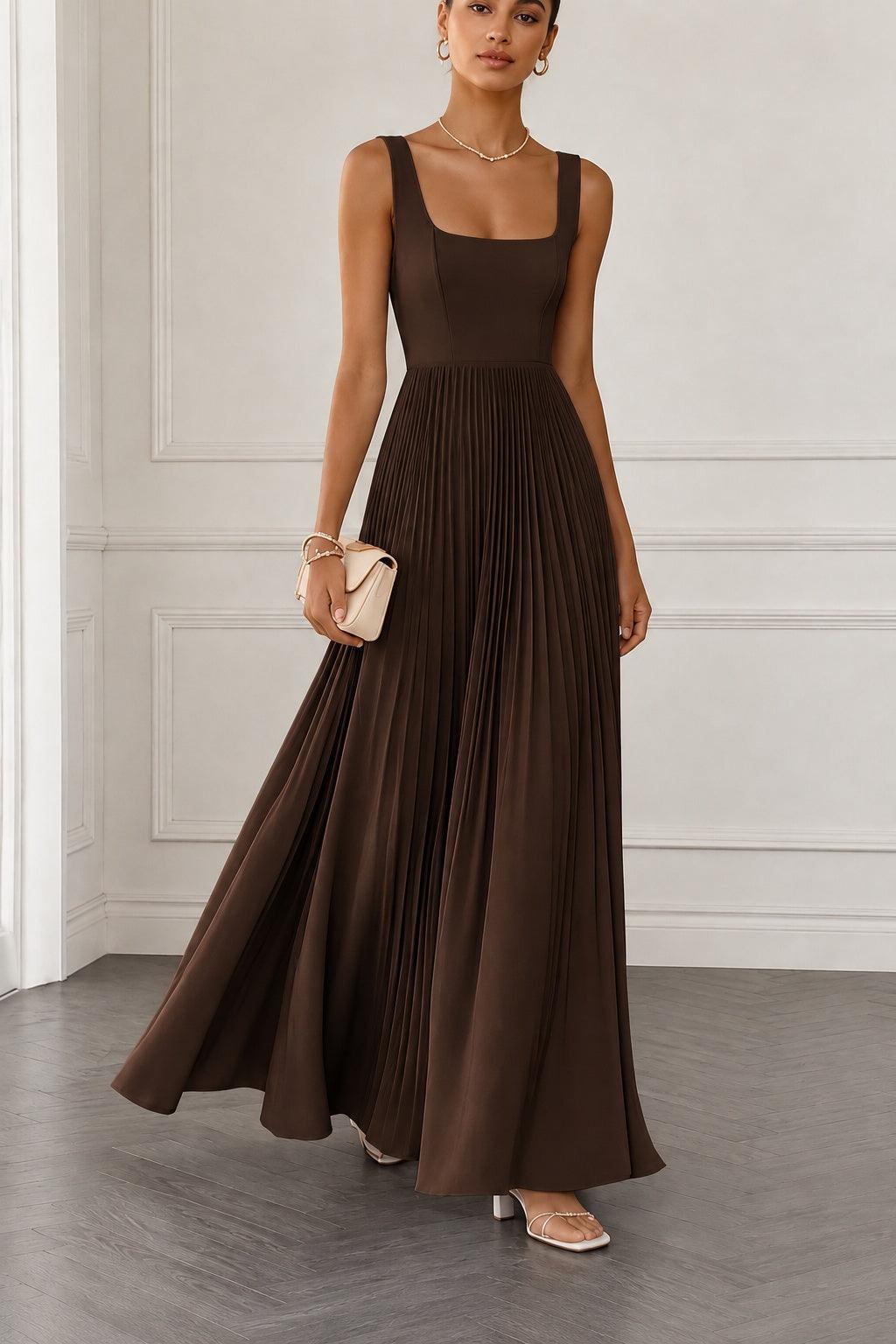 A-Line Maxi Chiffon Wedding Guest Dress CG0358 - Bitter Chocolate - COCOMELODY