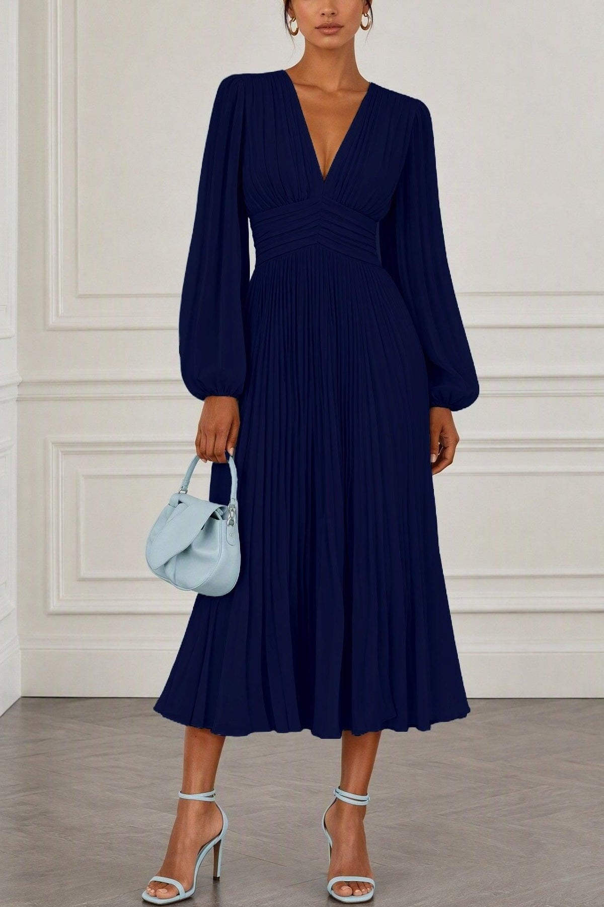 A-Line Tea Length Chiffon Wedding Guest Dress CG0359 - Dark Navy - COCOMELODY