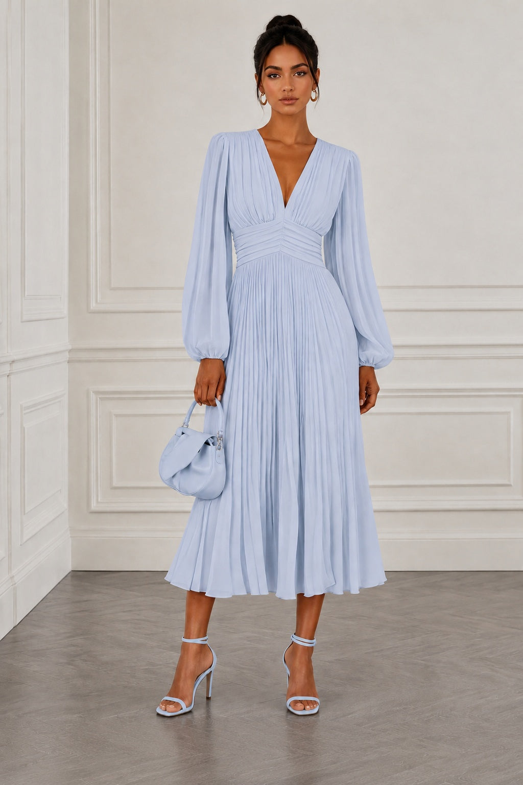Chiffon V-Neck Long Sleeve Pleated A-Line Tea Length Wedding Guest Dress COCOMELODY CG0359