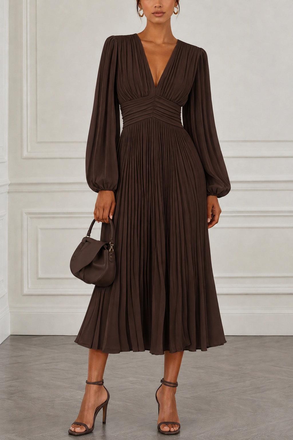 A-Line Tea Length Chiffon Wedding Guest Dress CG0359 - Bitter Chocolate - COCOMELODY