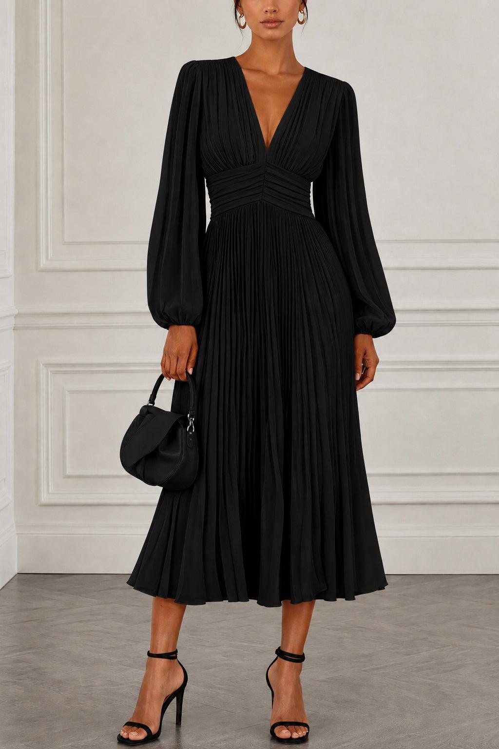 A-Line Tea Length Chiffon Wedding Guest Dress CG0359 - Black - COCOMELODY