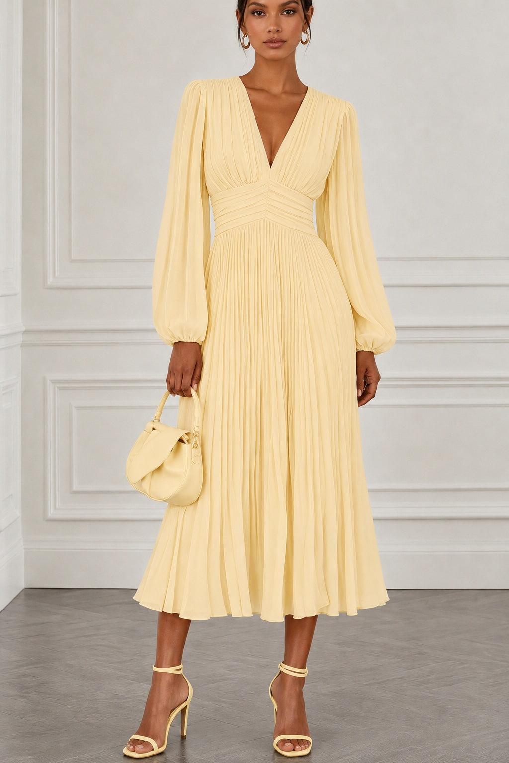 A-Line Tea Length Chiffon Wedding Guest Dress CG0359 - Butter Yellow - COCOMELODY