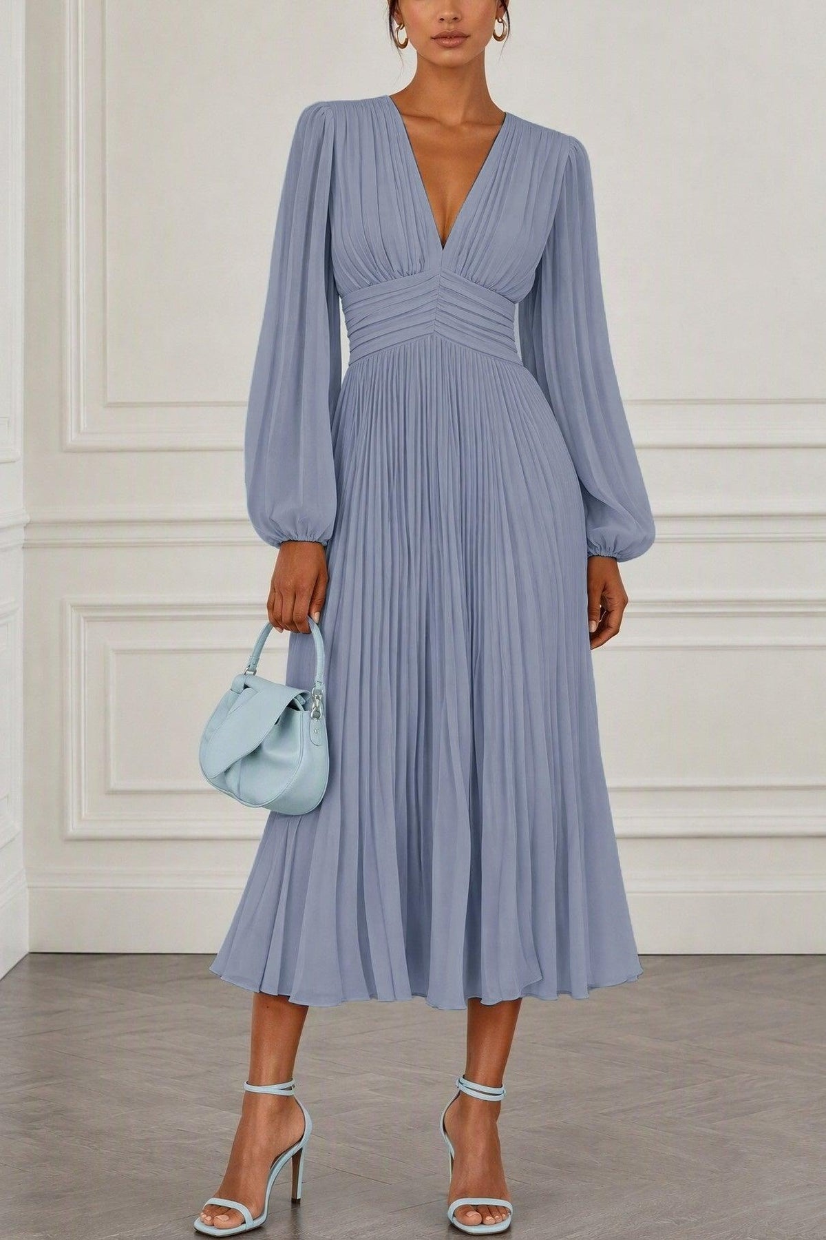 A-Line Tea Length Chiffon Wedding Guest Dress CG0359 - Dusty Blue - COCOMELODY