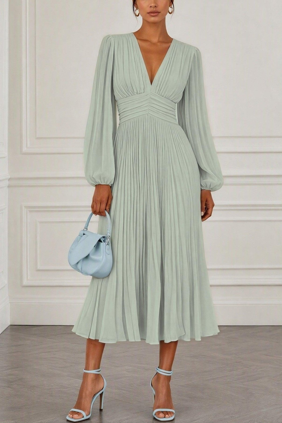 A-Line Tea Length Chiffon Wedding Guest Dress CG0359 - Dusty Sage - COCOMELODY