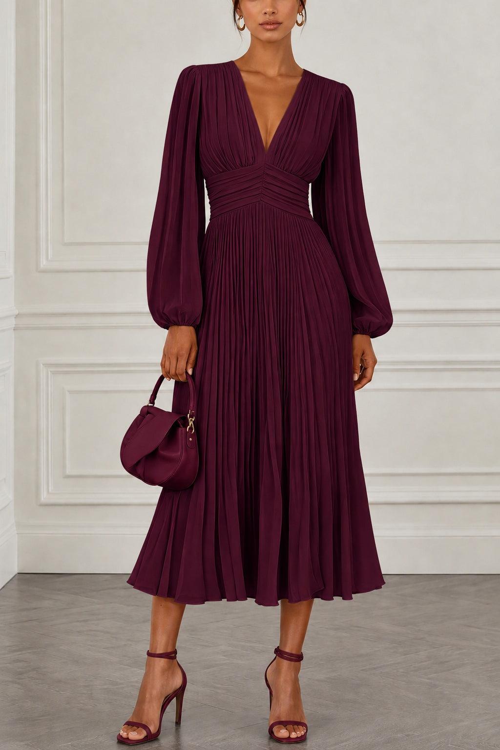 A-Line Tea Length Chiffon Wedding Guest Dress CG0359 - Wine - COCOMELODY
