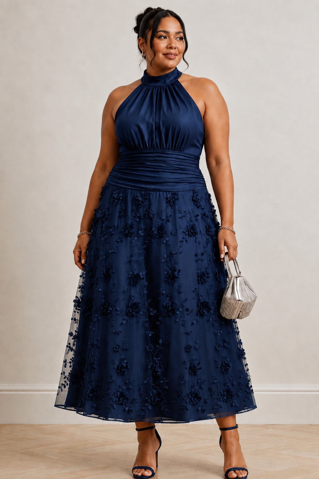 Dark Navy Halter Sleeveless Ruched A-Line Ankle Length Wedding Guest Dress COCOMELODY CG0360