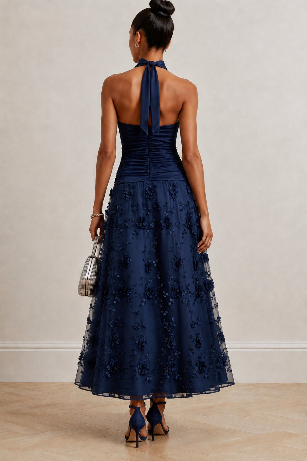 Dark Navy Halter Sleeveless Ruched A-Line Ankle Length Wedding Guest Dress COCOMELODY CG0360
