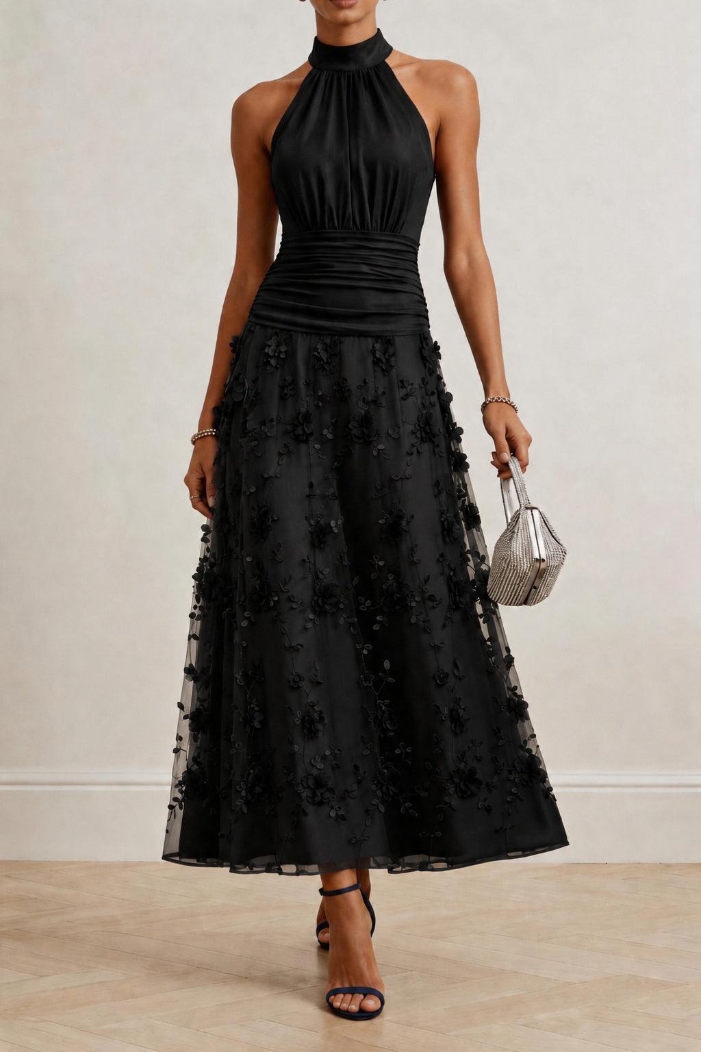 A-Line Ankle Length Stretch Satin Lace Wedding Guest Dress CG0360 - Black - COCOMELODY