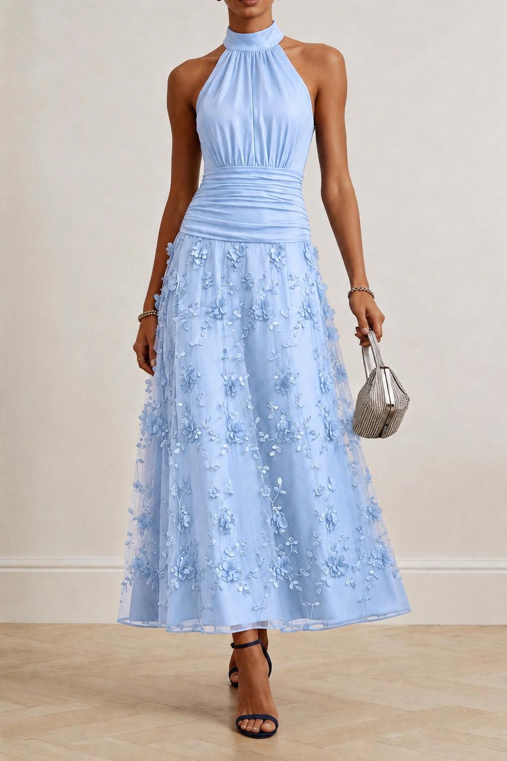 A-Line Ankle Length Stretch Satin Lace Wedding Guest Dress CG0360 - Light Blue - COCOMELODY