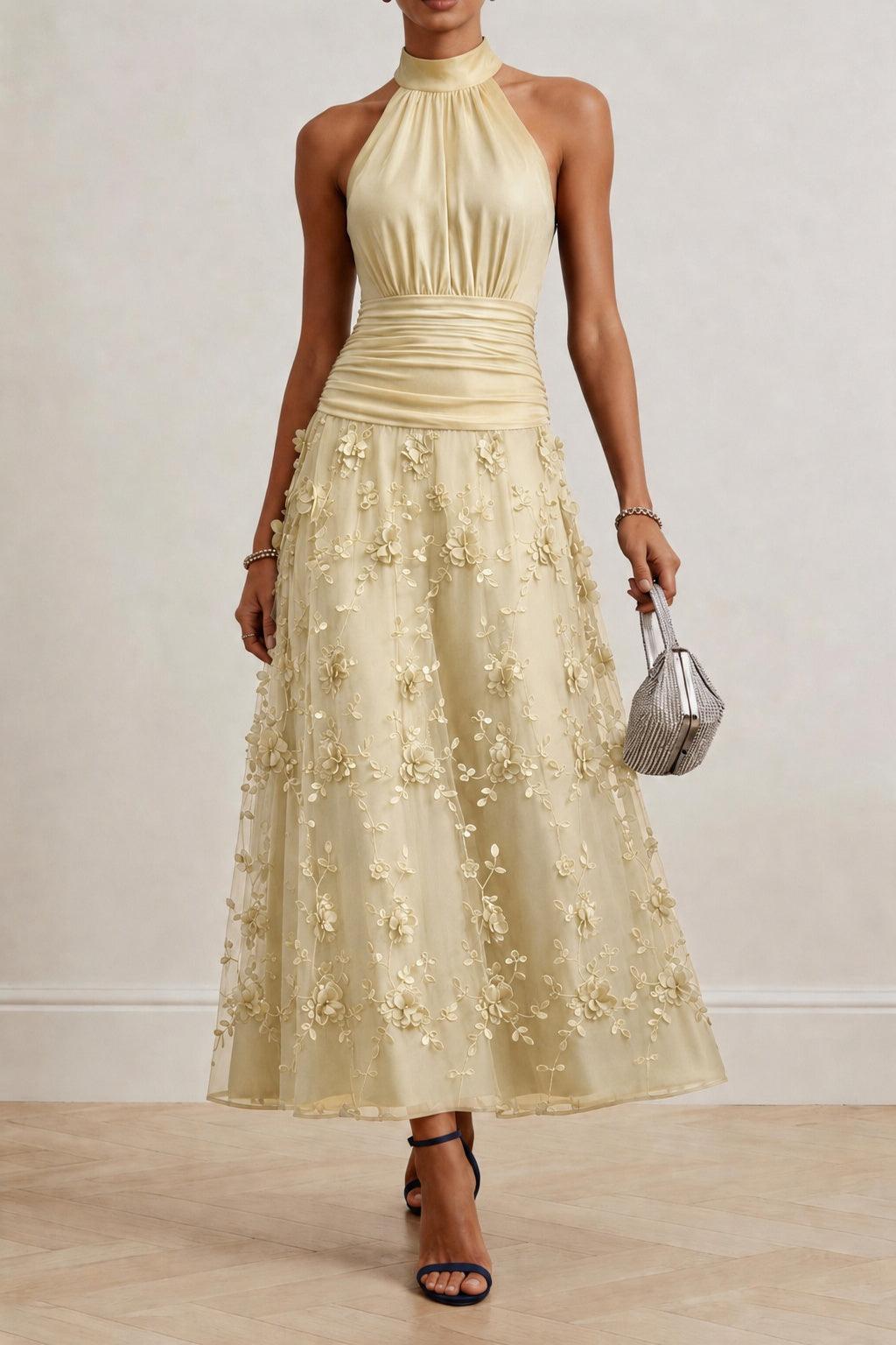 A-Line Ankle Length Stretch Satin Lace Wedding Guest Dress CG0360 - Pale Yellow - COCOMELODY