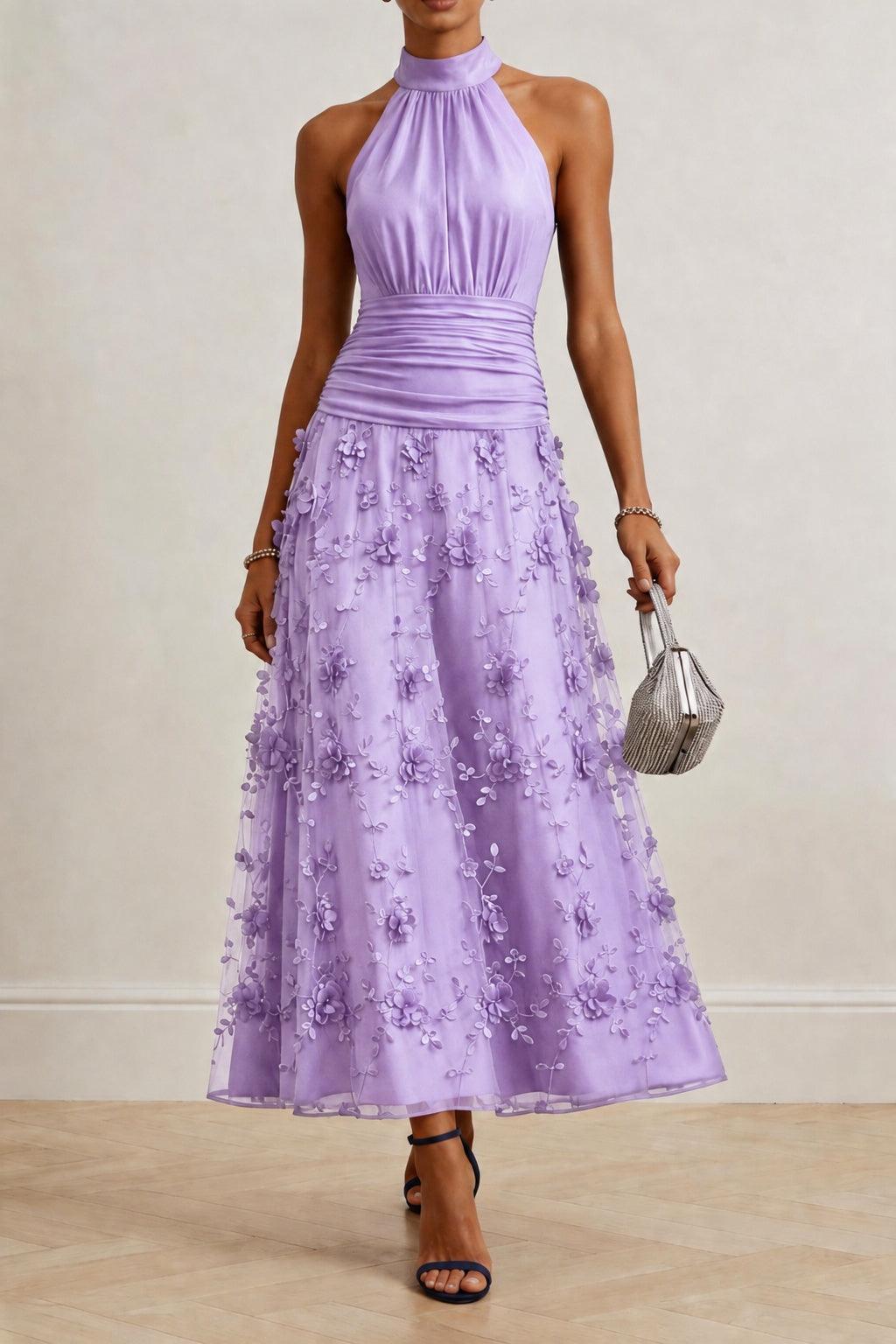 A-Line Ankle Length Stretch Satin Lace Wedding Guest Dress CG0360 - Purple - COCOMELODY
