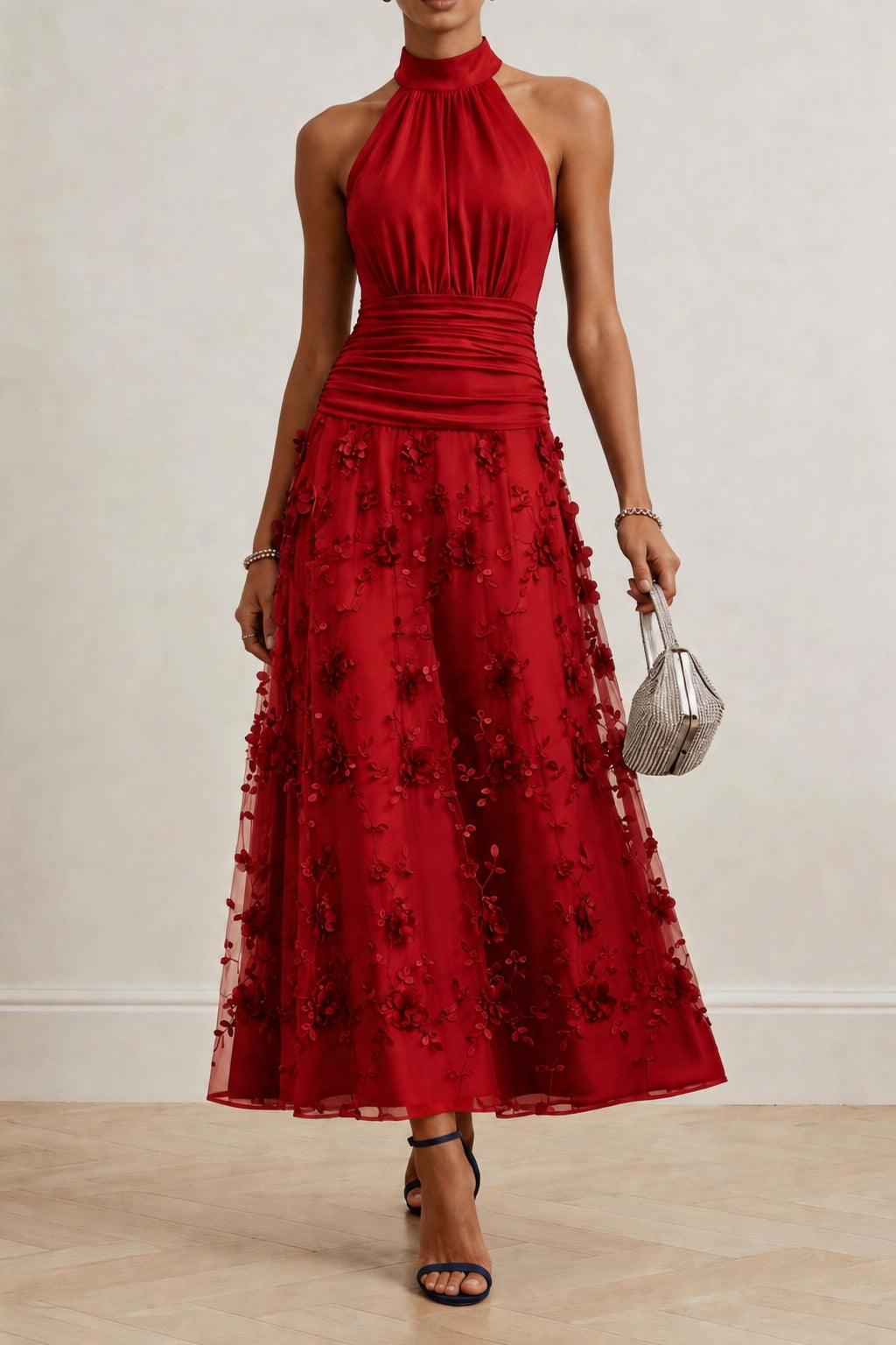 A-Line Ankle Length Stretch Satin Lace Wedding Guest Dress CG0360 - Red - COCOMELODY