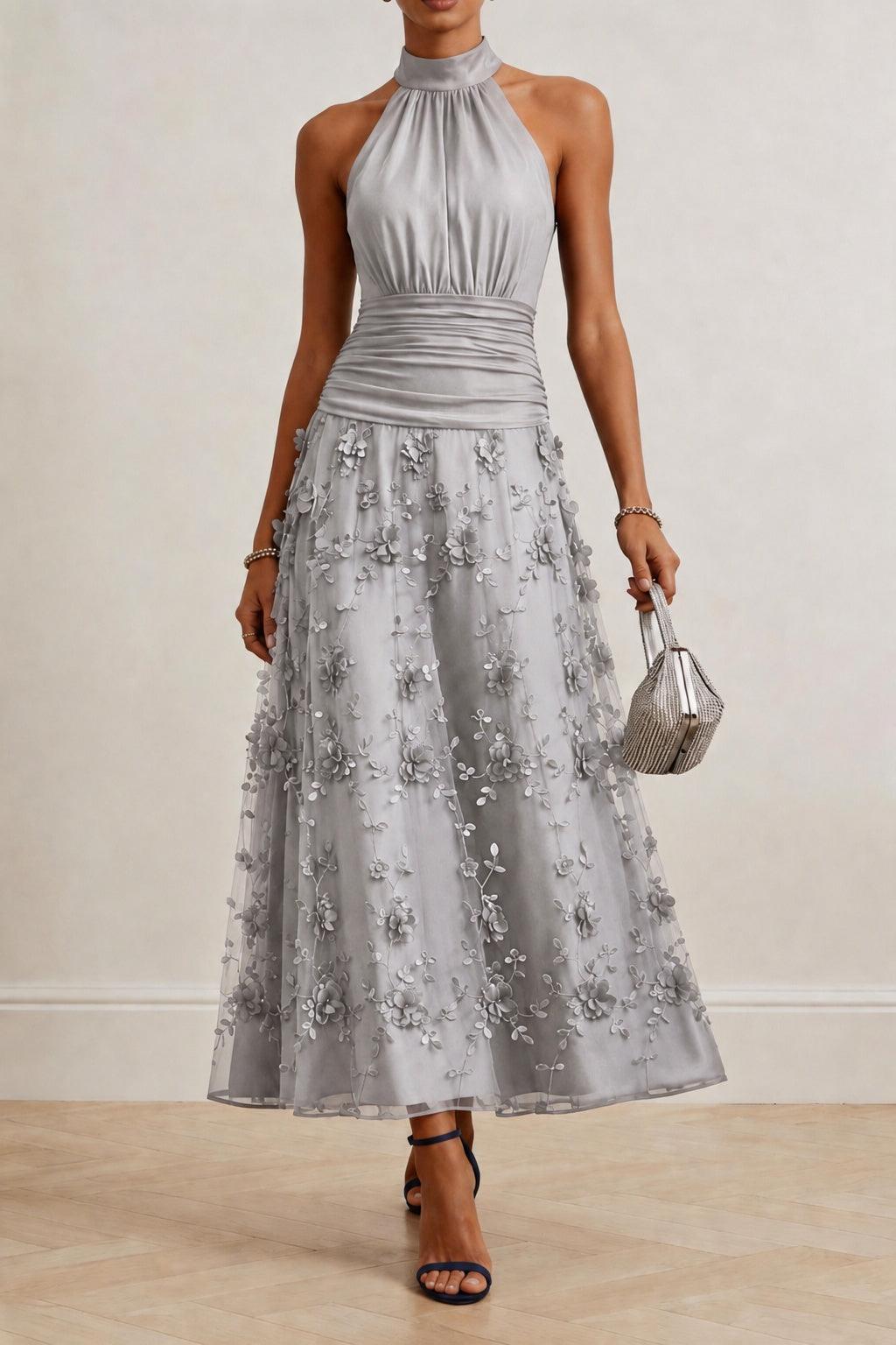 A-Line Ankle Length Stretch Satin Lace Wedding Guest Dress CG0360 - Steel Grey - COCOMELODY