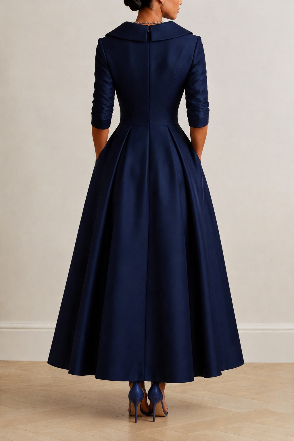 Navy Satin V-Neck Half Sleeve A-Line Wedding Guest Dress with Pockets COCOMELODY CG0361
