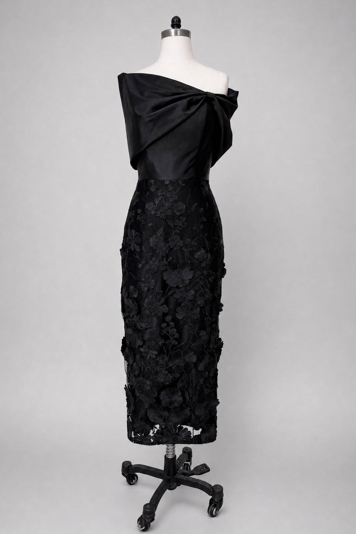 Sheath -Column Tea Length Satin Lace Wedding Guest Dress CG0362 - Dark Navy - COCOMELODY